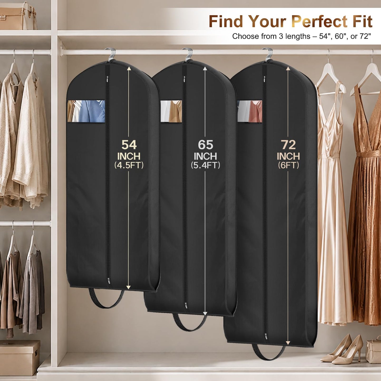 MISSLO 72" Wedding Dress Garment Bag for Travel Waterproof Dress Bags for Gowns Long 4" Gusseted Dresses Protector Bag for Closet Storage Clothing Covers for Hanging Clothes, Black