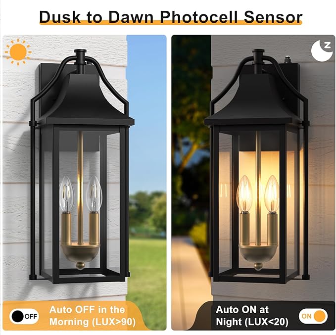 ππ.ππ°π΅ Outdoor Wall Sconce Fixture, Dusk to Dawn Patio Lights Waterproof Exterior Lanterns, 2-Light Modern Wall Lights Mounted with Glass, Black Outside Light for House Front Door Decor