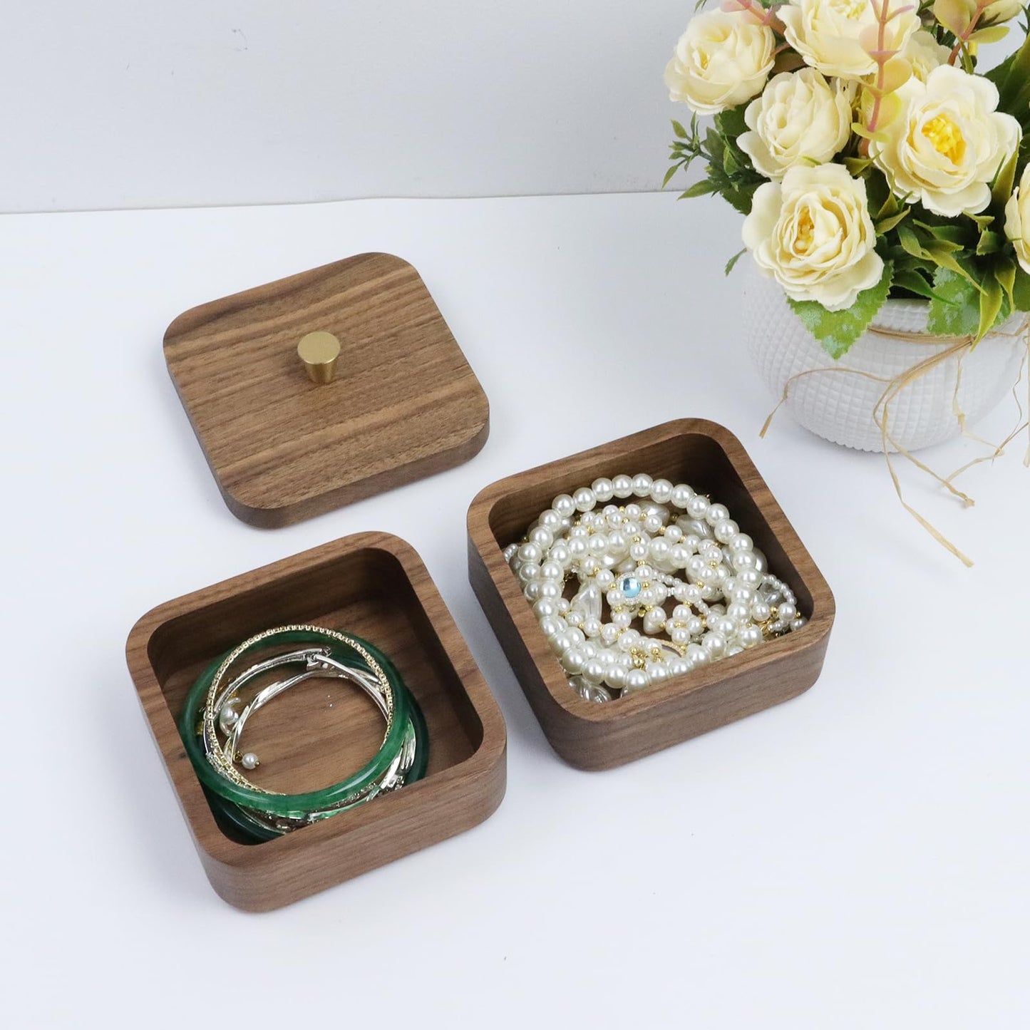 Pastlla 3.7x3.7x3.1 Inch Tray Box, Walnut Wooden Multi-Layer Storage Box, for Cleaning Tools, Toothpicks, Cotton Swabs, Jewelry Items, Rings, Earrings, Necklaces, Etc