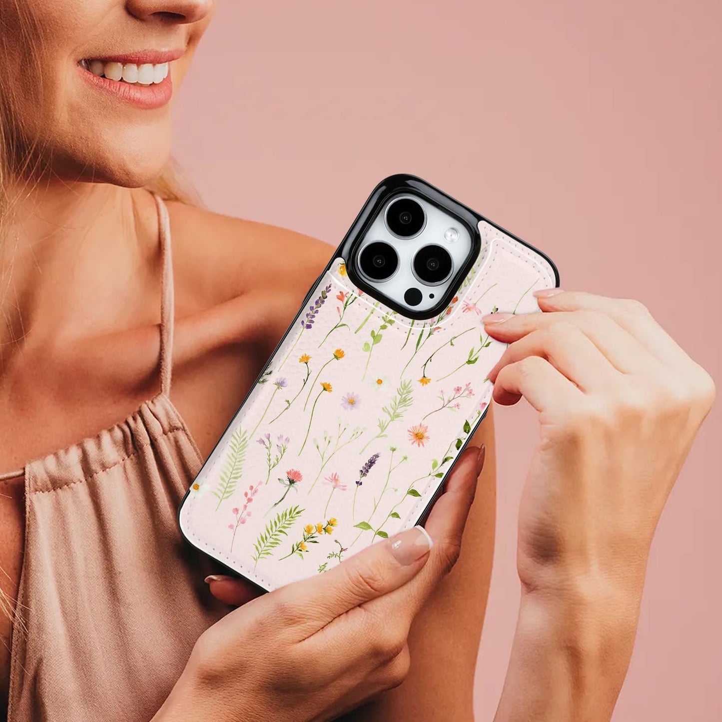 uCOLOR for iPhone 16 Pro 6.3" Wallet Case Magsafe with Card Holder Slot【Compatible with MagSafe】 Folio Flip PU Leather Design with Camera Lens Protector (Nude Wild Flower)