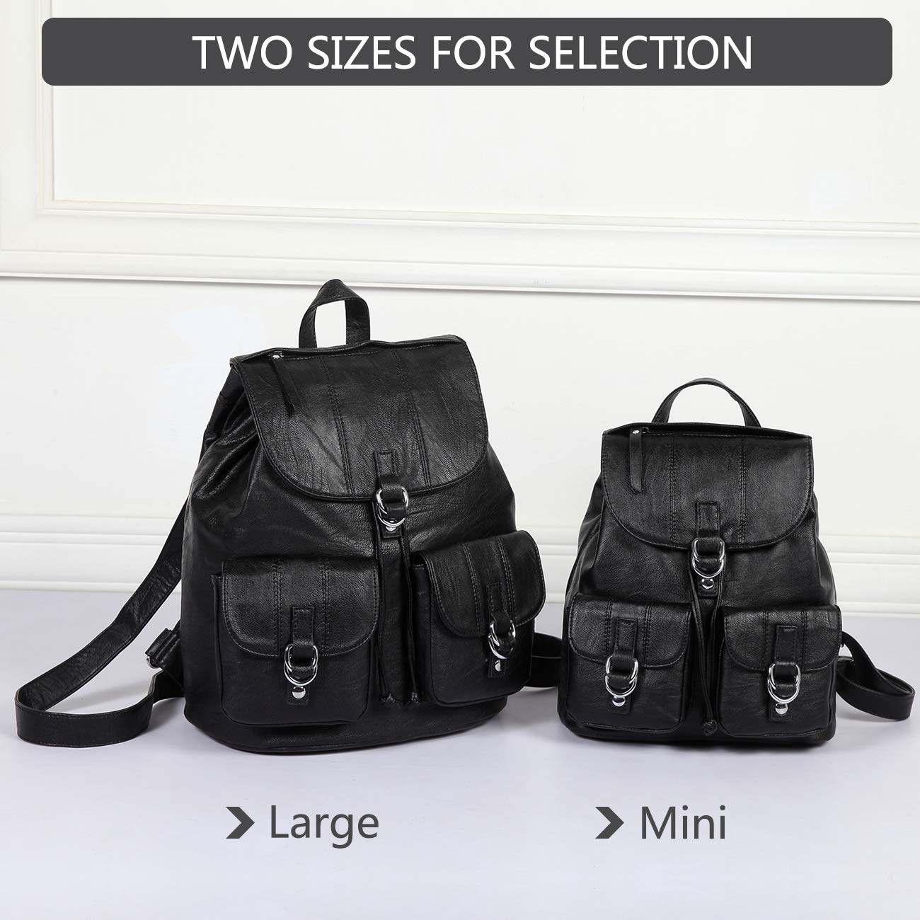 VASCHY Mini Backpack Purse for Women, Fashion Faux Leather Buckle Flap Drawstring Backpack for College with Two Front Pockets Black