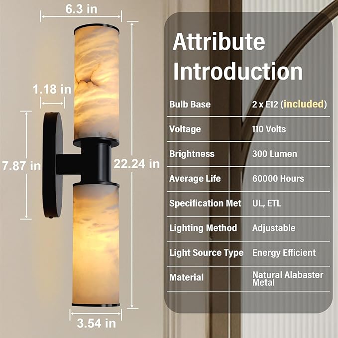 22.2" Alabaster Wall Sconce, Brass Bathroom Wall Sconce, Spanish Natural Marble Sconces Modern Wall Lights Lamps for Bedroom Living Room Stairs Indoor Hallway Vanity, Black