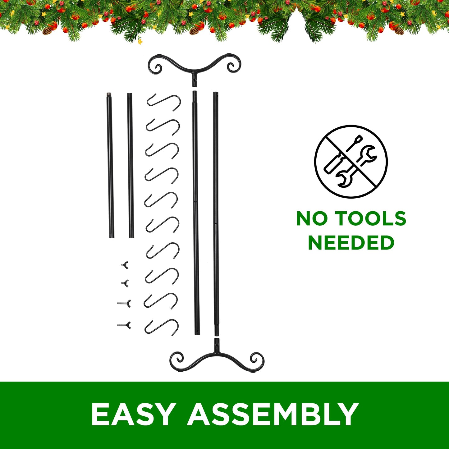 BIRDROCK Home 10-Hook Christmas Stocking Holder Stand | Lightweight Iron Metal Freestanding Rack for Holiday Decor | Versatile Stocking & Ornament Hanger Display for Home, Floor & Living Room - Black