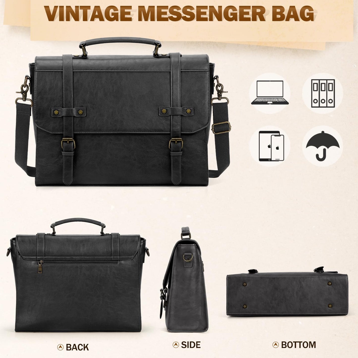 RAINSMORE Mens Messenger Bag 17 Inch Waterproof Vintage Leather Laptop Briefcase Large Laptop Bag Satchel Bag Computer Shoulder Bag for Office Business Travel College,Brown