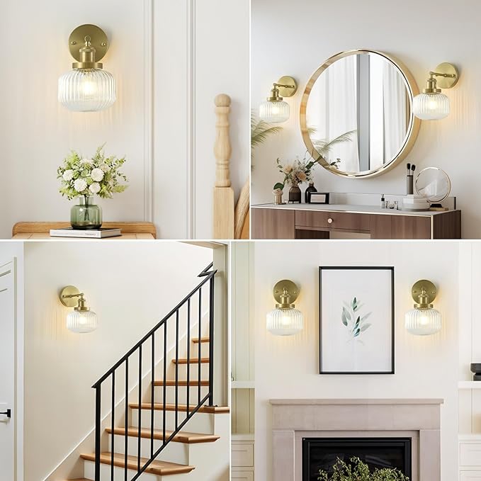Vintage Wall Sconces with Clear Pumpkin Glass Lampshade, Indoor Bath-Room Wall Sconce, Modern Gold Industrial Lighting Fixture for Mirror Living Room Hallway 2 Pack