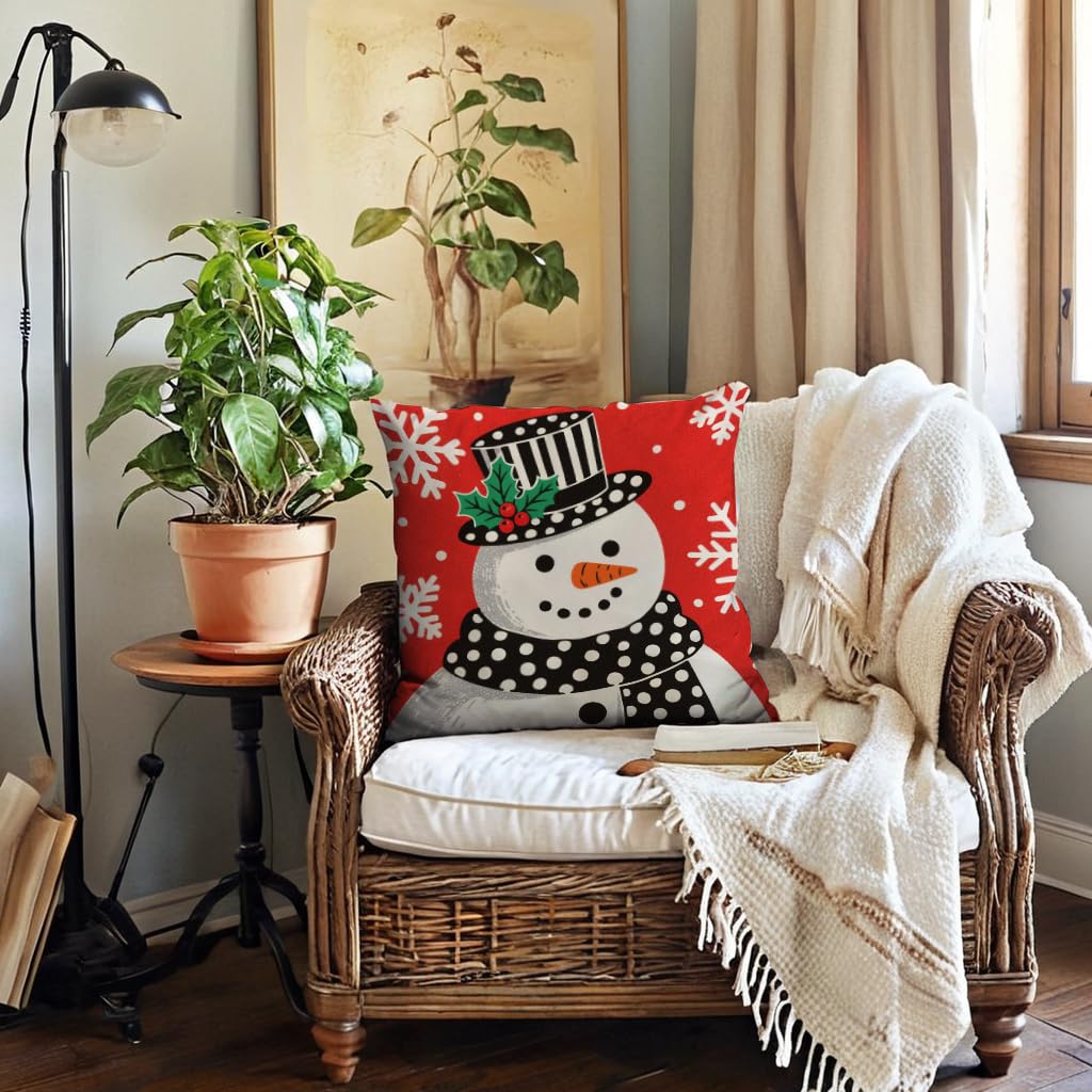 7COLORROOM Set of 4 Christmas Red Pillow Cover Lovely Snowman Festival Throw Cushion Cover Home Decorative Winter Cotton Linen Pillowcases 18" x 18"(Snowman)