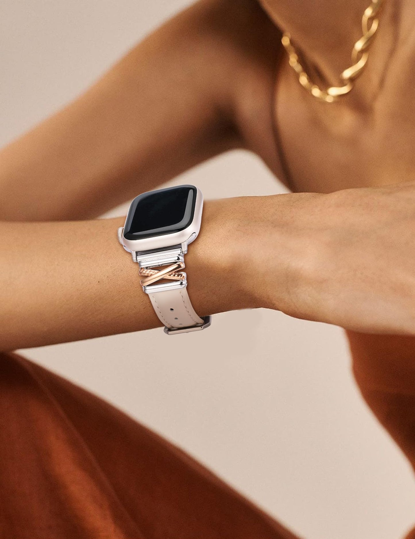 Minyee Leather Band Compatible with Apple Watch 38/40/41/42mm Women, Dressy Slim Premium Leather Strap with X-Shape Metal Buckle for iWatch Series 11 10 9 8 7 6 5 4 SE/Ultra 3 2 1, Rose Gold/Sliver