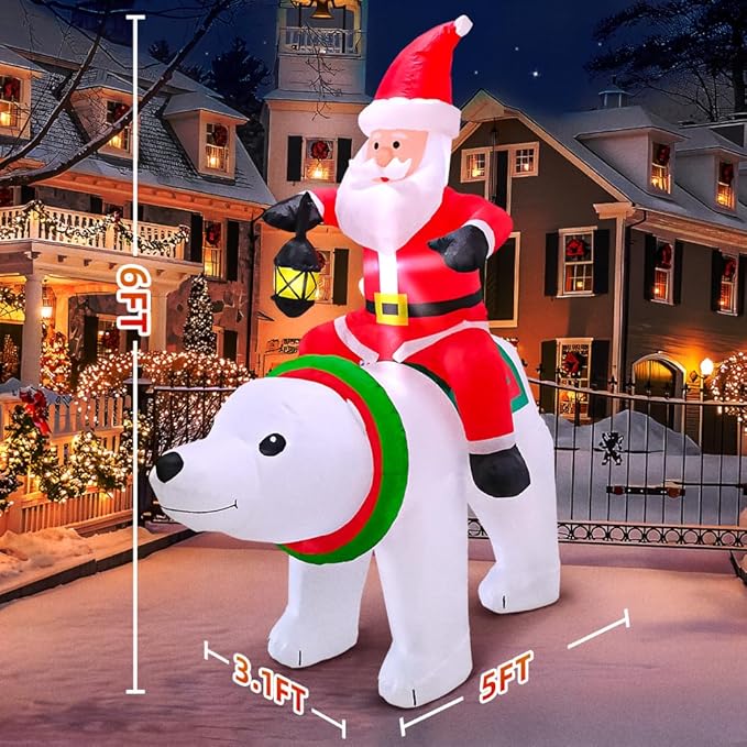 KOOY 6FT Christmas Inflatable Santa Claus with Polar Bear Build-in LED Lights Blow up Xmas Inflatables Decoration for Yard Garden Lawn Holiday Party