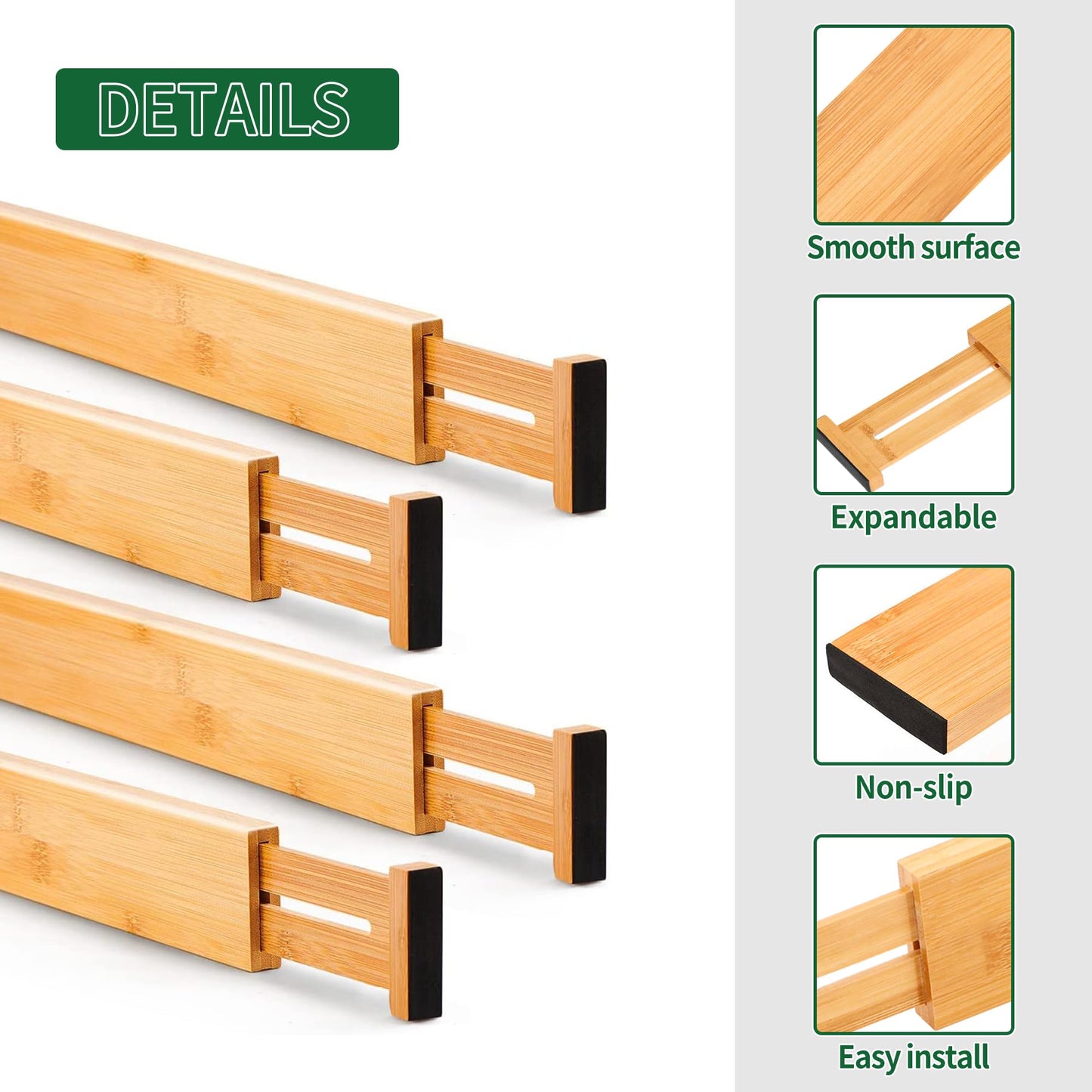 Utoplike 4 pcs Bamboo Kitchen Drawer Dividers Large, Adjustable Drawer Organizers, Spring Loaded, Expandable Organization Works in Kitchen, Dresser, Bathroom, Bedroom, Drawer, Desk