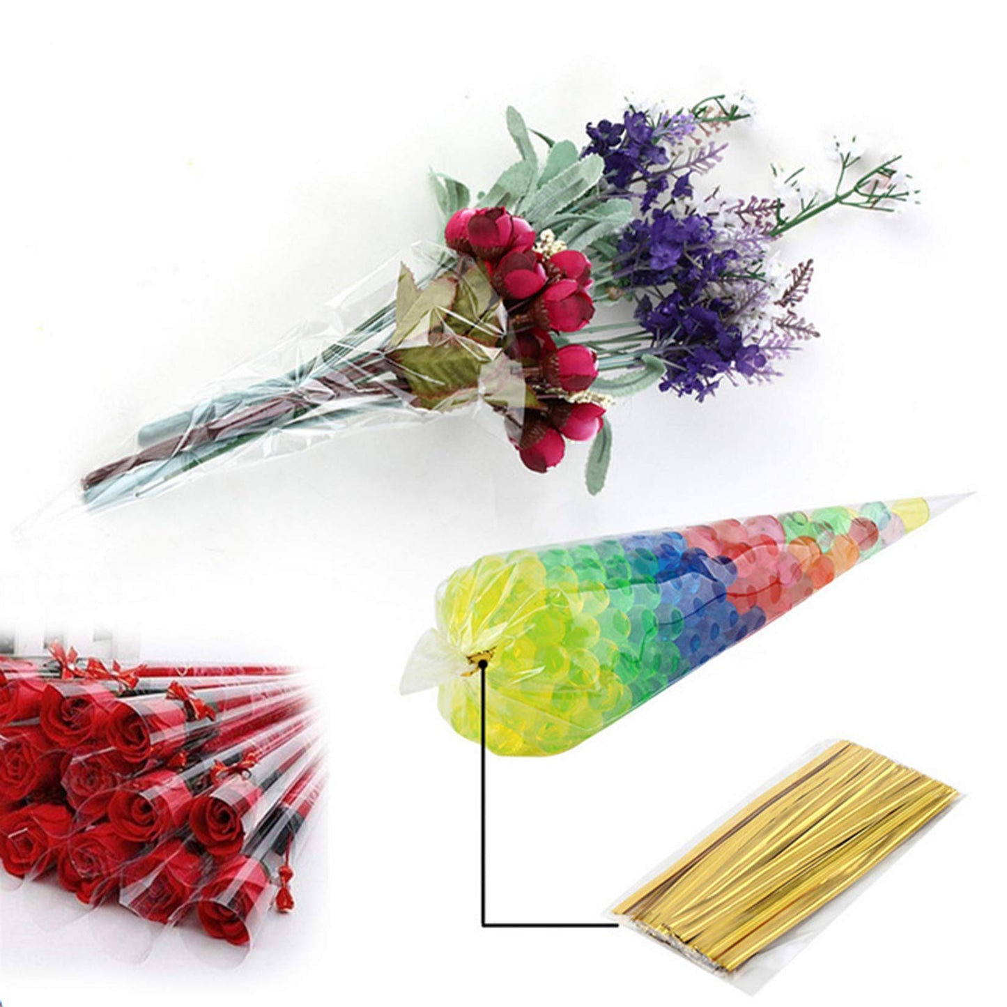 Morepack Cone Cellophane Bags,200 Pieces 6.3"x11.8" Cello Clear Cone Shaped Treat Bags with Twist Ties, Plastic Triangle Bag for Popcorn Favor Candy