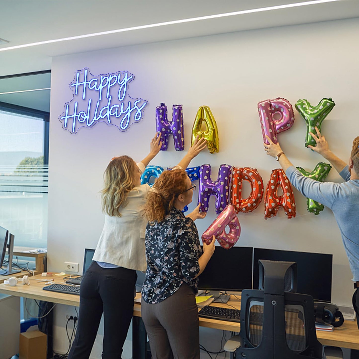 LULANMP Happy Holidays Neon Sign for Wall Decor Dimmable Holiday Neon Lights Blue Christmas LED Sign for New Year Party Home Bar Living Room Offic Decor(16.5''*12.5'')