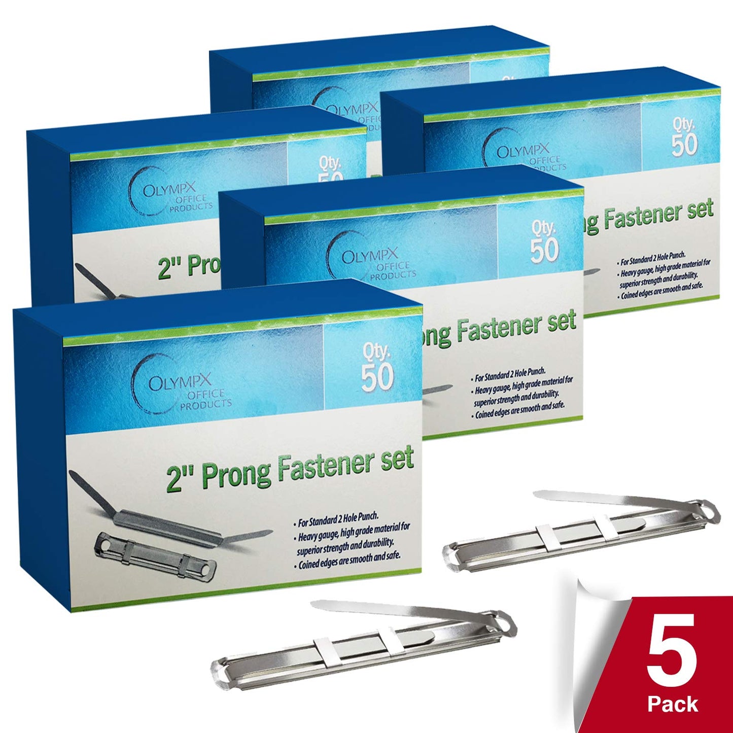 Prong Paper Fasteners 2" Capacity, 250 Pack Premium Metal - OLYMPX Complete Set with Compressor, 2.75" Base for File Folders, 5 Boxes (50 Each), Made in USA