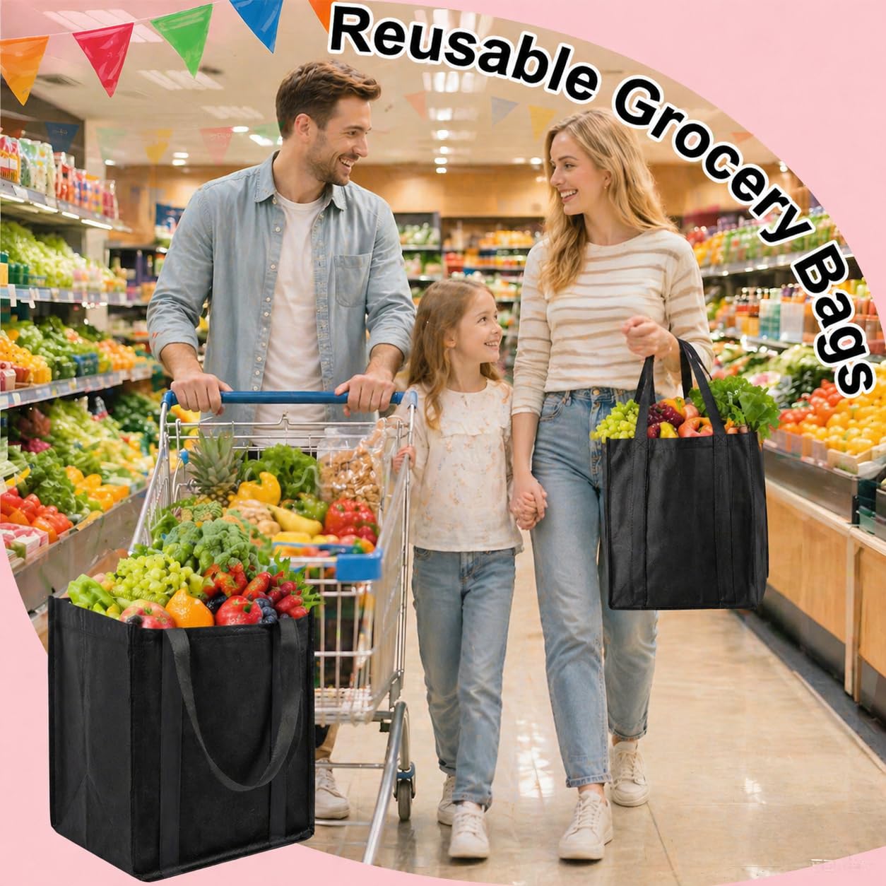 Enjamyo 10 Pcs Reusable Grocery Bags, Large Shopping Bag with Reinforced Handles, Heavy Duty Washable Foldable Bag, Grocery Bags(Black)