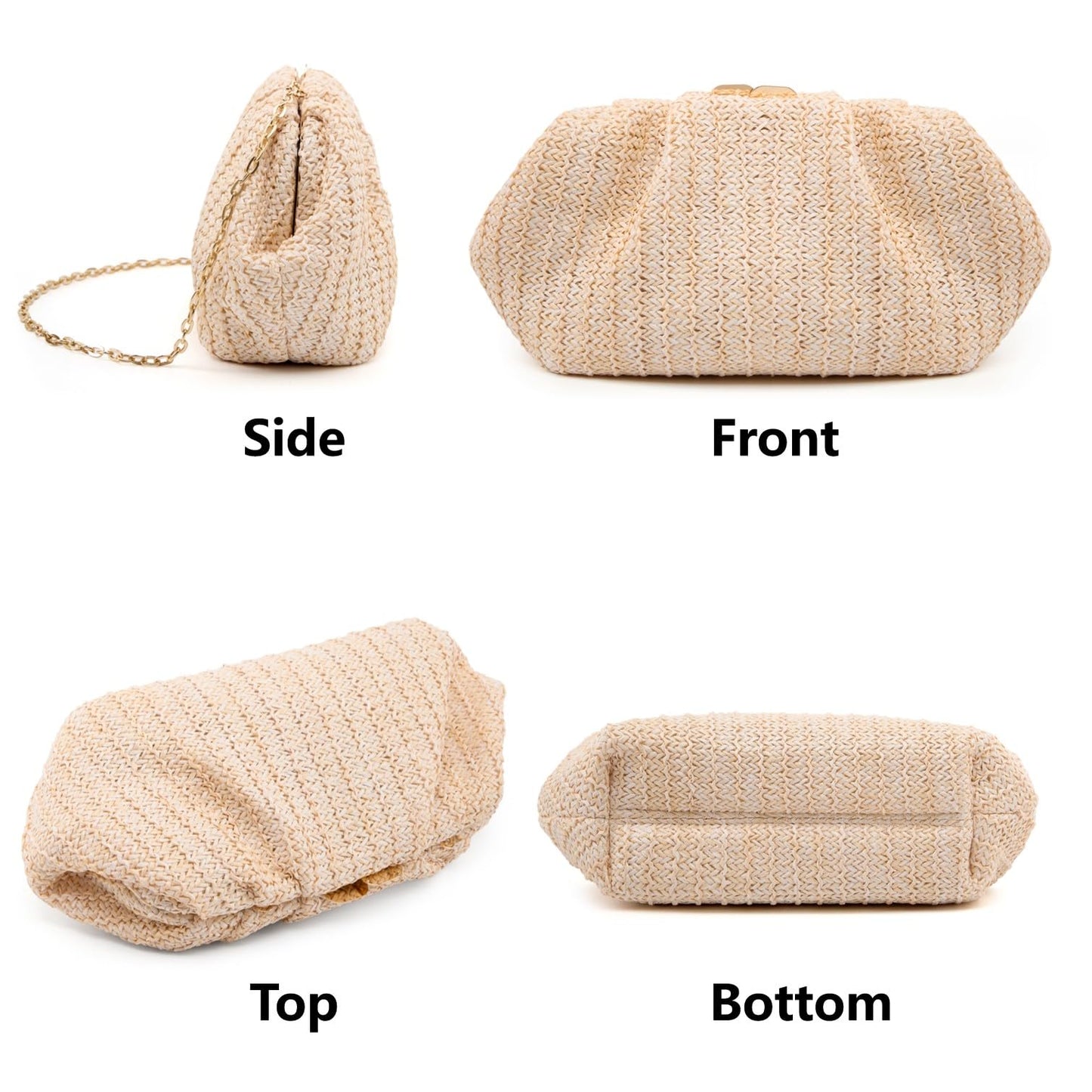 Gurina Pleated PU Straw Clutch Purse for Women Formal - Evening Bag with Detachable Chain for Weddings, Proms (JBB Beige)