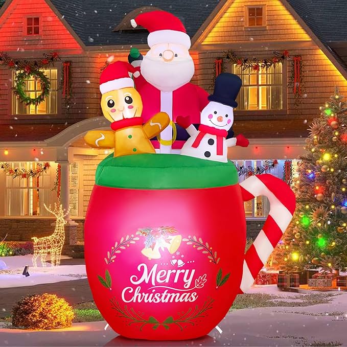 6 FT Christmas Inflatables Outdoor Decoration, Santa Claus Snowman Gingerbread Man in Xmas Mug for Outdoor Christmas Decorations