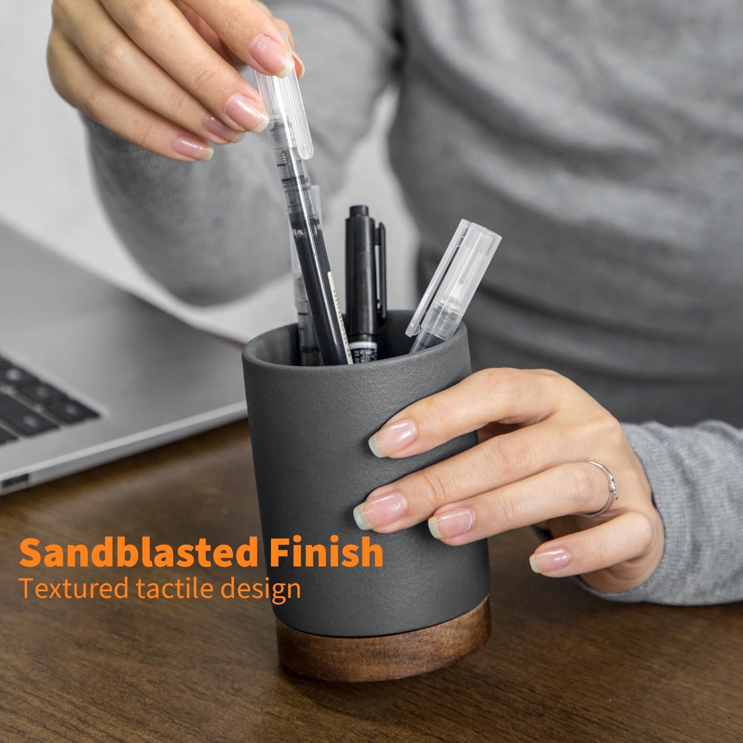 Pen Holder for Desk, Ceramic Pencil Organizer & Makeup Brush Holder, Office Decor and Desk Accessories,Perfect Office Organization,Teacher Supplies (Dark Grey, Set / 2)