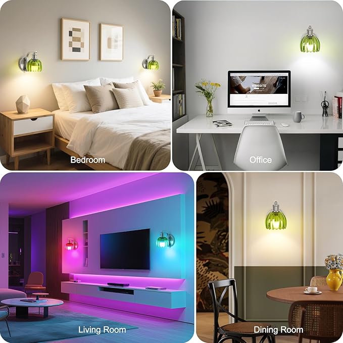 Rechargeable Battery Operated Wall Sconce Set of Two with Green Glass Lampshade, Wireless Wall Scone Decor with Remote Control, 15 Colors Brushed Nickle Wall Light for Bedside Hallway Bedroom Doorway