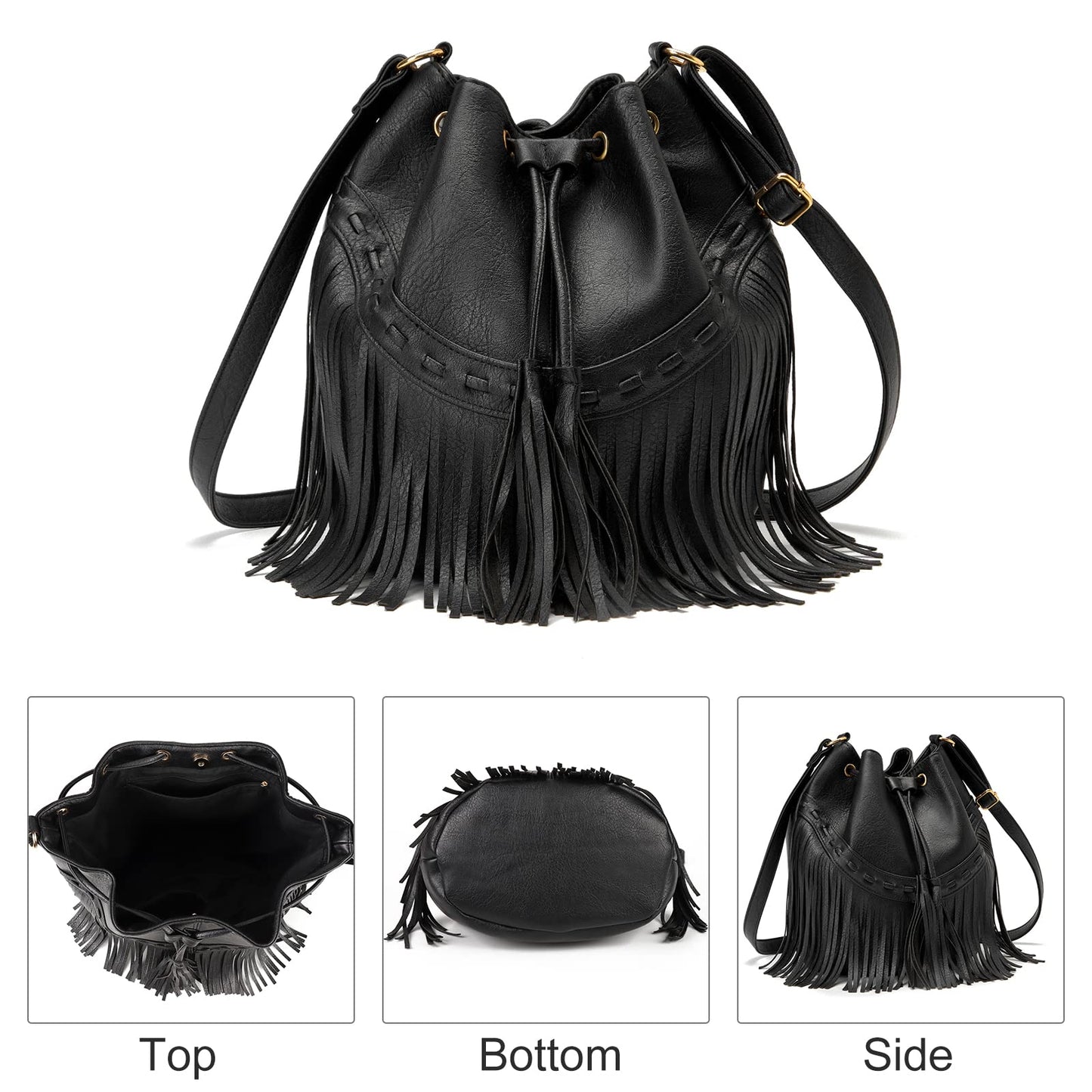 Leather Bucket Bags for Women Crossbody Fringe Purses with Drawstring Ladies Tassel Hobo and Shoulder Handbags Black