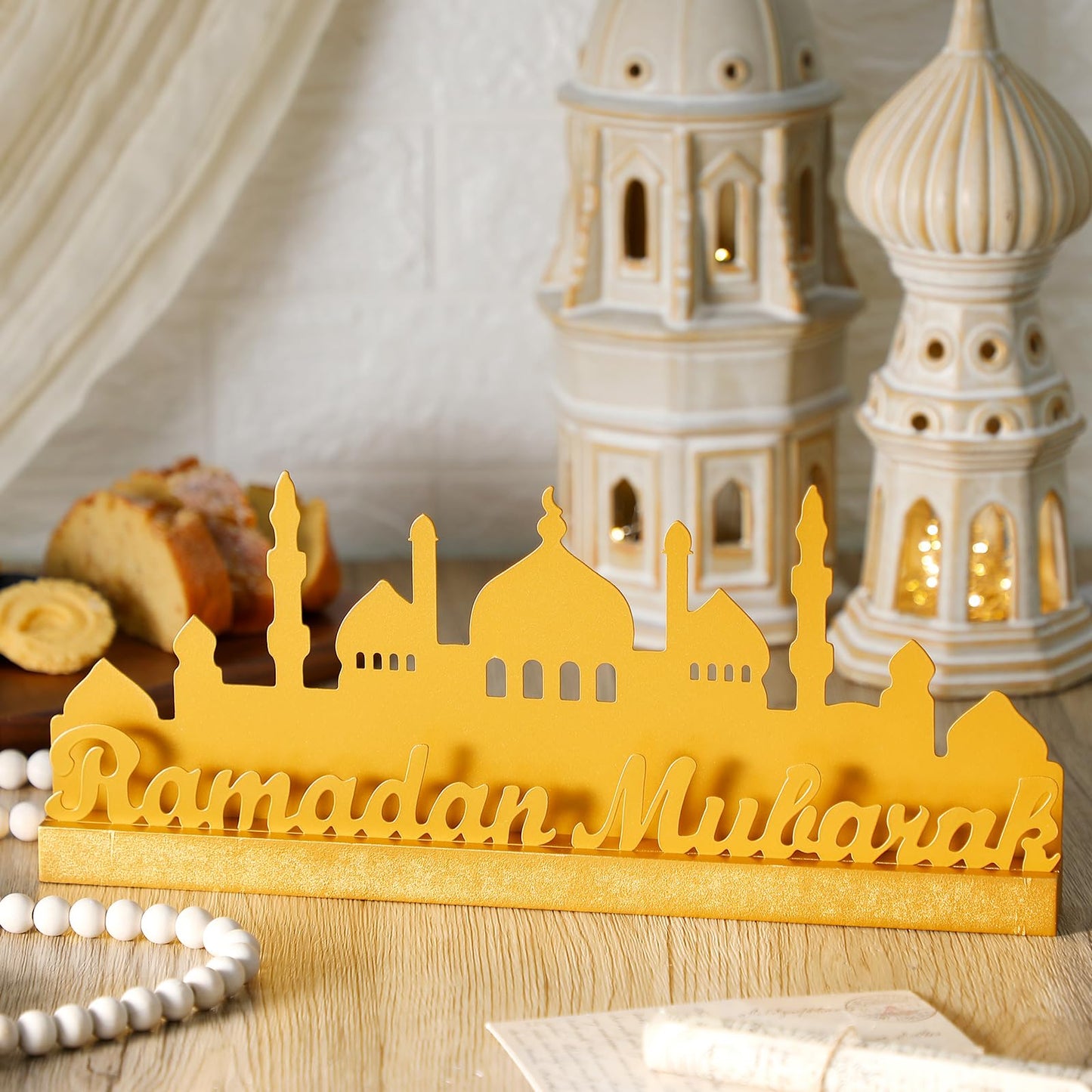 13.78 Inch Metal Ramadan Table Sign Ramadan Mubarak Letter Sign Eid Decorations for Home Muslim Golden Palace Islamic Table Centerpiece for Islamic Home Office Kitchen Party Decor Gifts