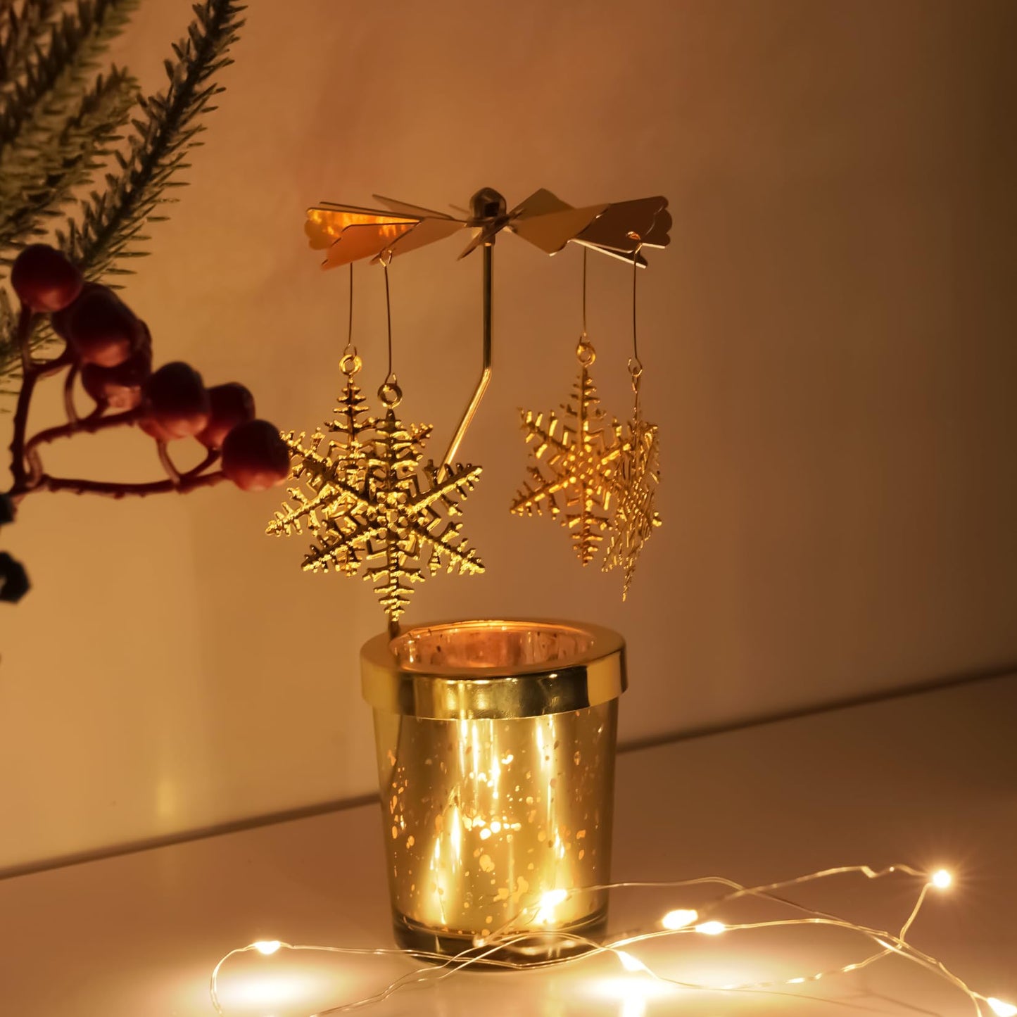 Rotating Candlestick Spinning Tea Light Candle Holder Gold Glasses Rotary Tealight Holders Christmas Anniversary Birthday Party Table Centerpieces Revolving Decoration (Snowflake)