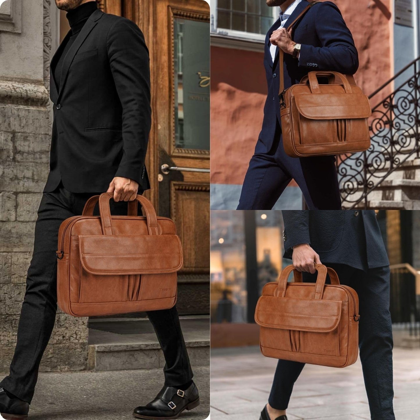 Taygeer Leather Laptop Bag for Men Women, Premium Laptop Briefcase Fits Up to 15.6 Inch Notebook, Waterproof Portable Shoulder Messenger Crossbody Bag Carry On Case for Travel Business Office, Brown