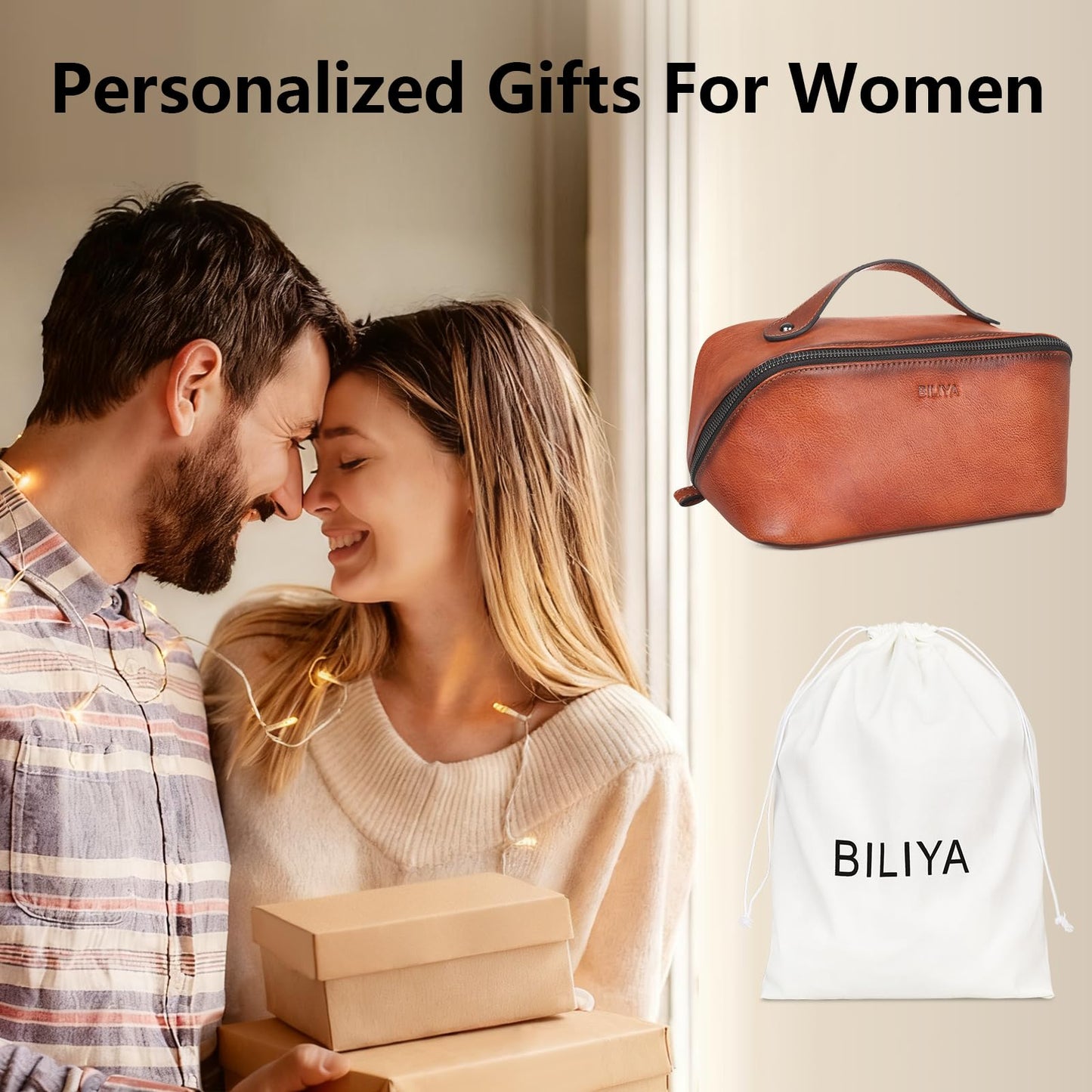 BILIYA Hand Rubbed Genuine Leather Makeup Bag Vintage Brown Cowhide Cosmetic Case with Handle Handmade Travel Organizer for Women