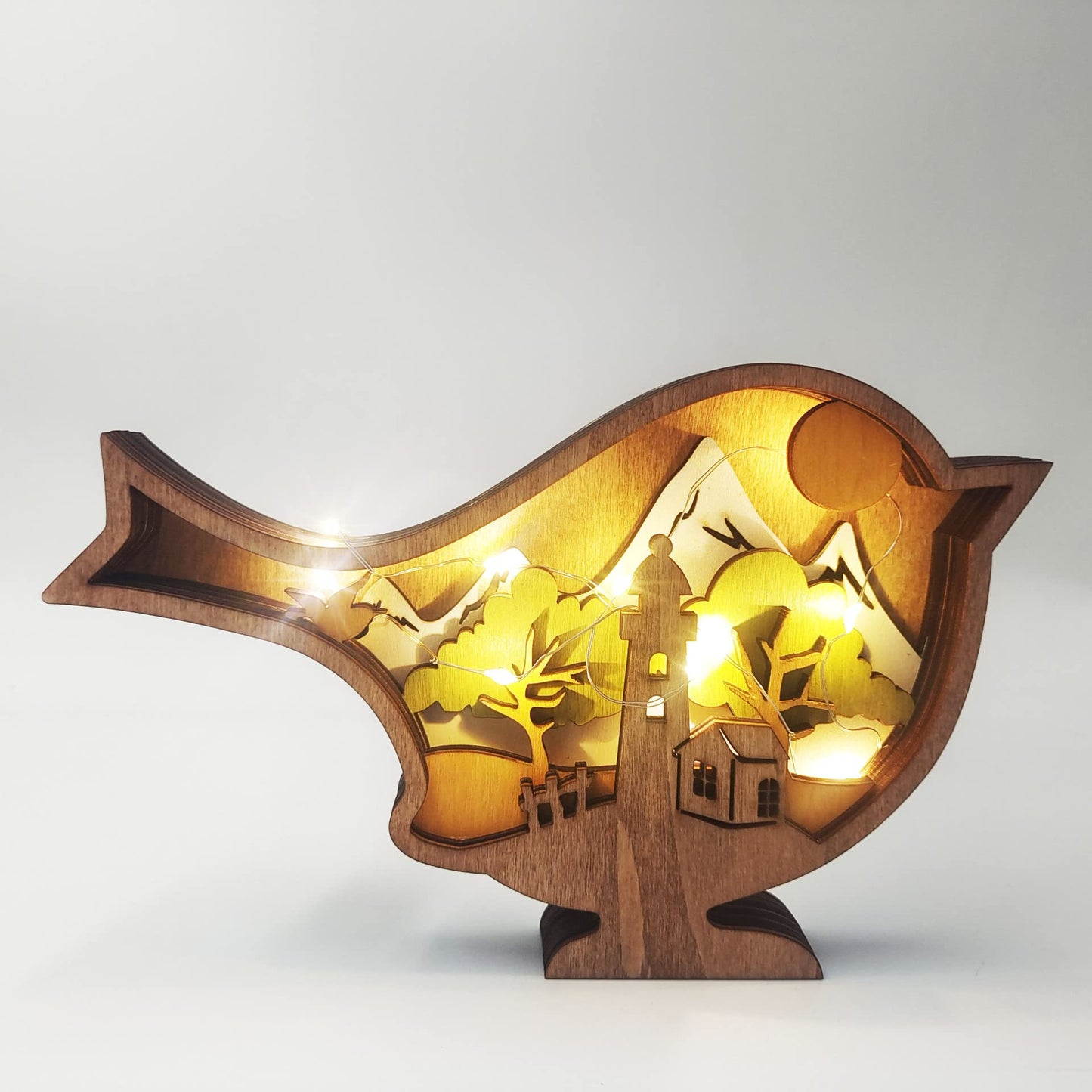 Drawelry 3D Wooden Carving Animals Lamp - Creative Fox Squirrel Wood Carved LED Night Light Garden Yard Wooden Animals Sculpture Ornaments Desktop Home Decor Birthday Gifts for Family Friend (Bird)
