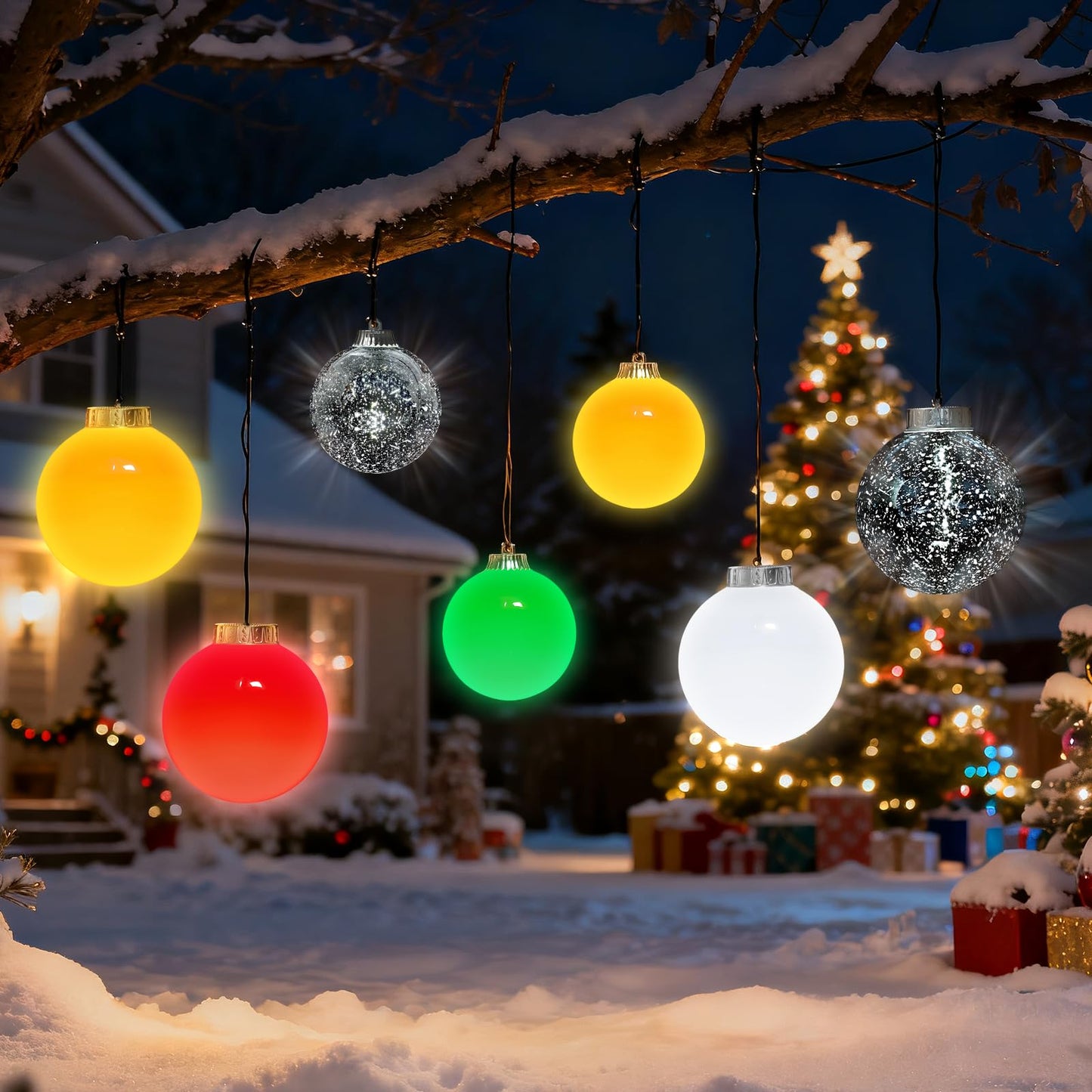Lanpn 4 Pcs 5" Outdoor LED Ornament, Large Christmas Battery Powered Ball Lights, Xmas Tree Sphere Bulb Decor with Dark Sensor, Christmas Lighted Ornaments for Lawn Garden Yard Patio, Red