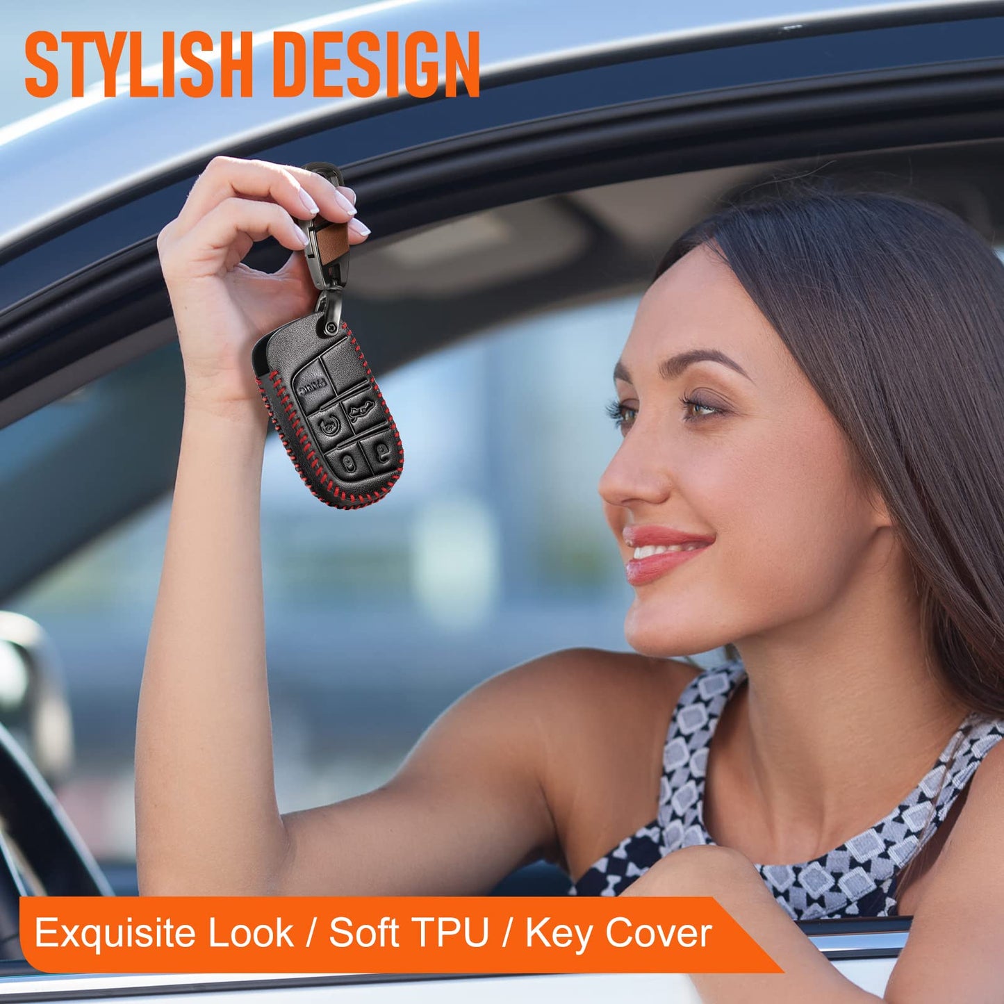 Slohif Key Fob Cover Keychain Accessories for Jeep for Grand Cherokee Renegade Chrysler 200 300 Dodge RAM Durango Charger Challenger Journey Dart Fiat 5 Buttons, leather Case+D-Ring+Hook(Black)