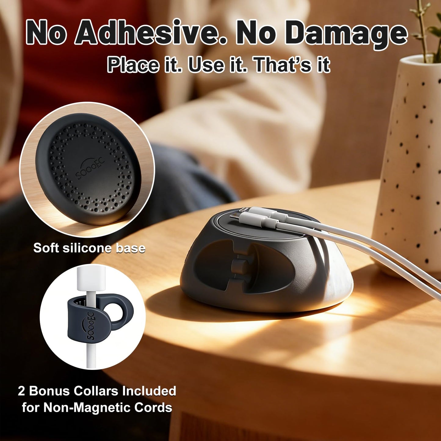 SOOoEC [N52 Ultra-Strong Snap-On Magnetic Cord Holder, Weighted Desktop Cable Organizer, Premium Liquid Silicone, No Collars Needed for iPhone & USB-C, Dual-Side Slots, Space Gray
