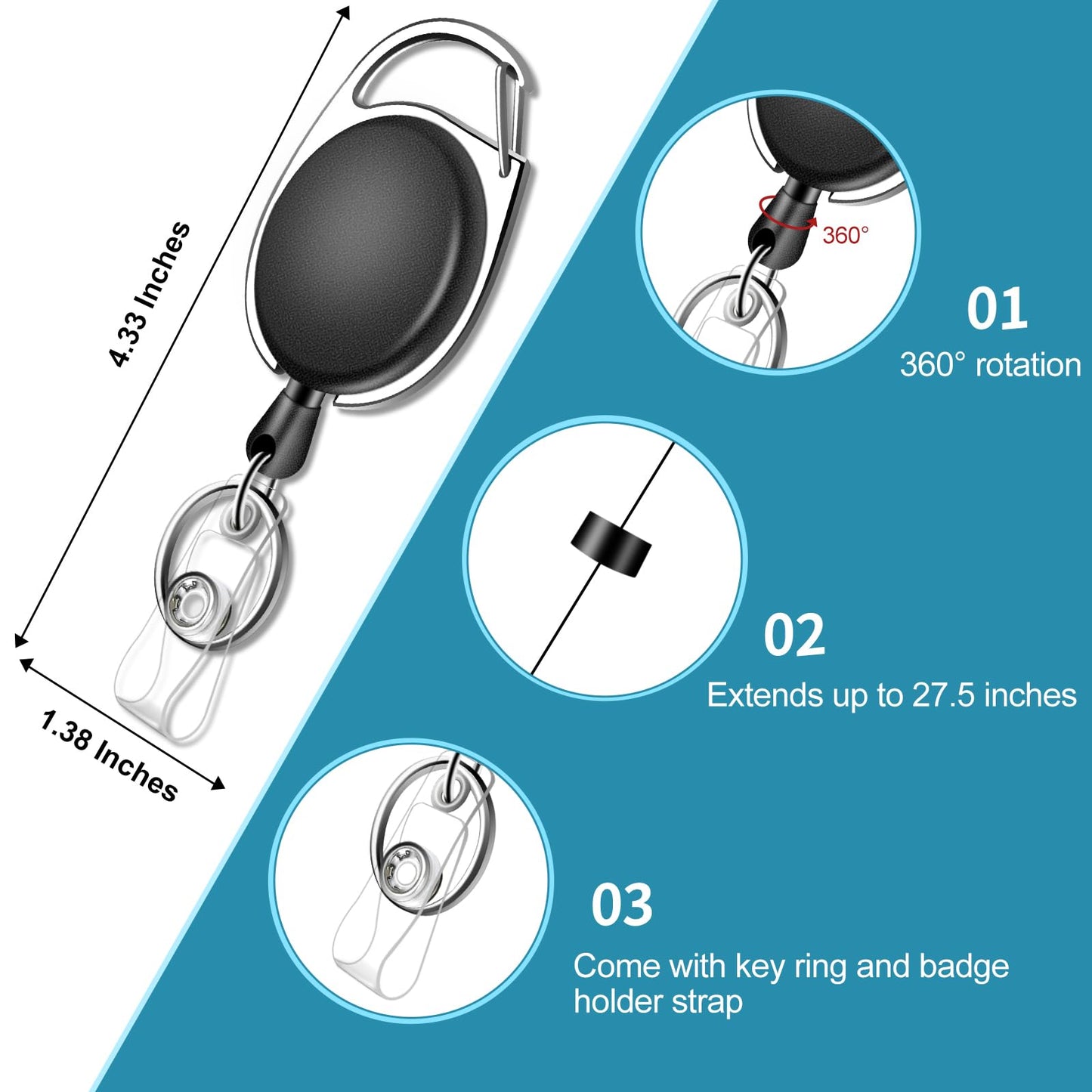 60 Pack Retractable ID Badge Holder Badge Reel with Carabiner and Belt Clip Badge Reels Retractable with Key Chain for Office Worker Doctor Nurse