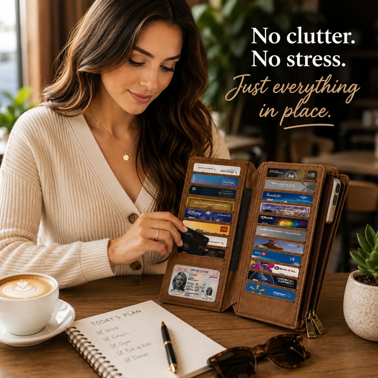 ESS RFID Blocking Leather Wallet for Women Slim Bifold Card Holder – Double Zipper Money Organizer with 43 Card Slots, Passport Pocket, iPhone Storage, ID Window, Travel Wallet Brown
