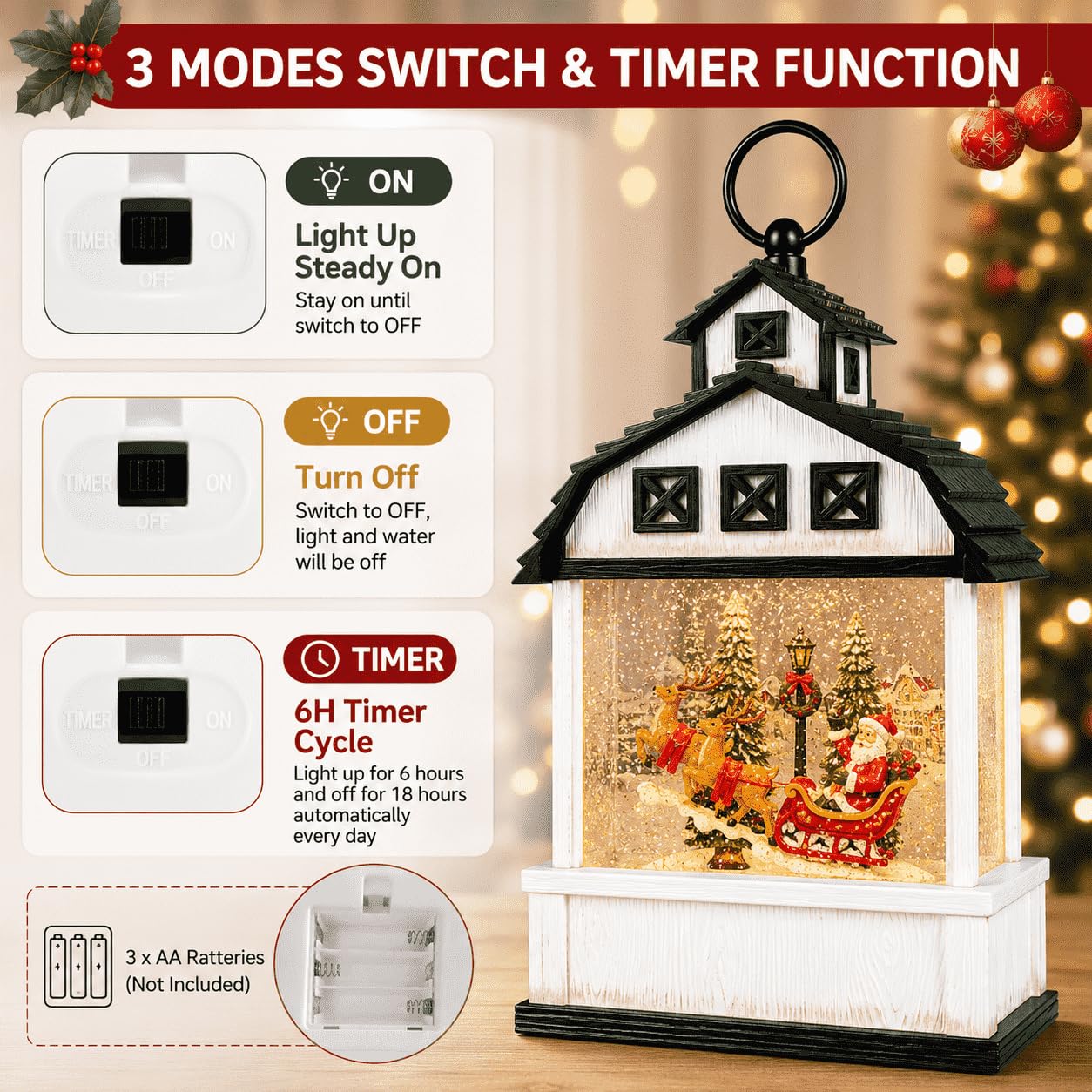 12.6" Christmas Snow Globe Lantern, White Barn Water Glittering Lantern with Santa Sleigh & Reindeer, Lighted Christmas Lantern with 6H Timer, Battery Operated Farmhouse Holiday Tabletop Decor Gift