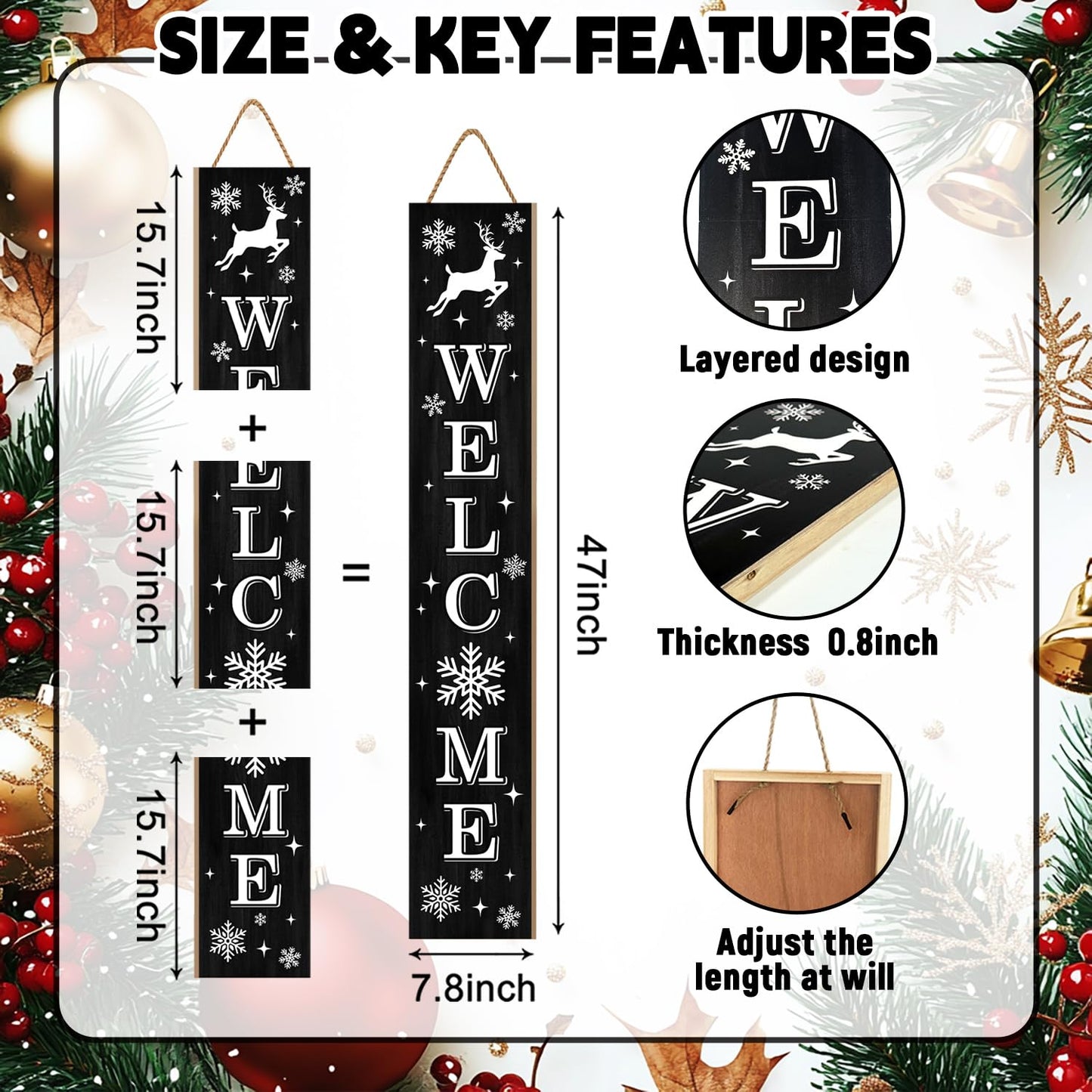Christmas Wooden Porch Sign 47" Elk Large Welcome Sign for Winter Home Decoration Front Door Yard Xmas Party Decor
