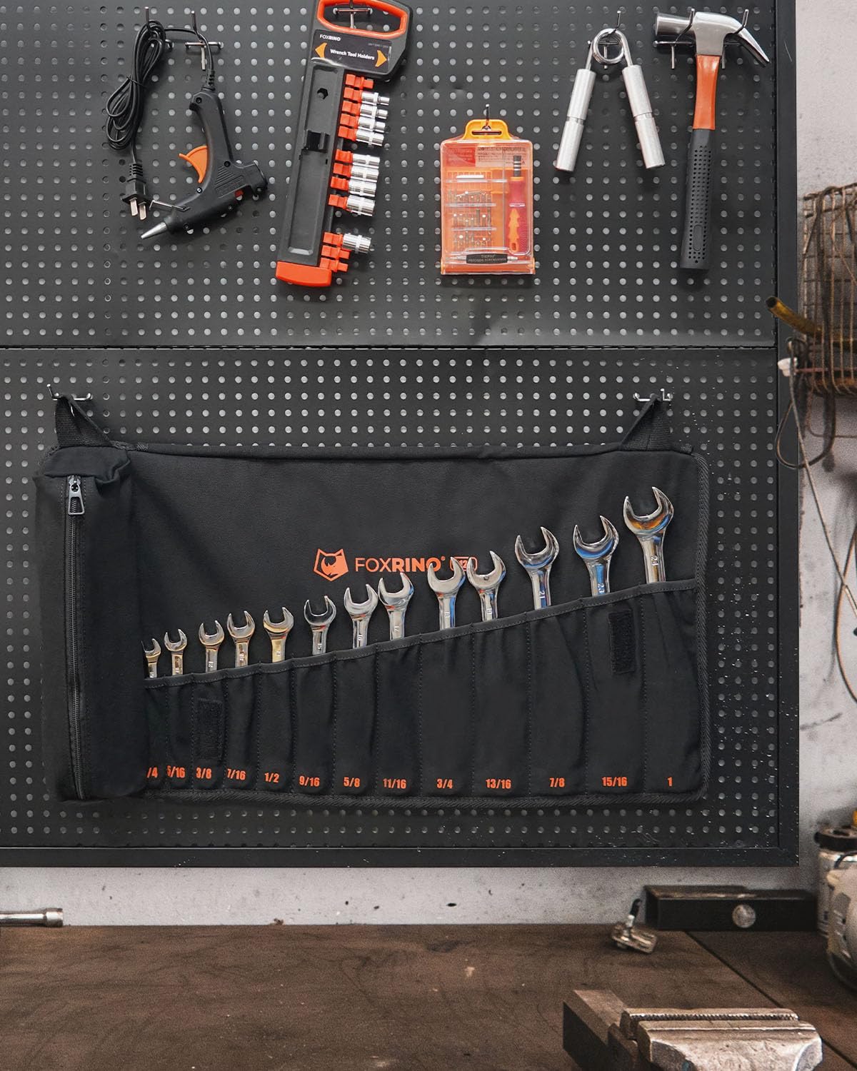 Foxrino Wrench Roll, Wrench Roll Up Pouch, 13-Pocket Heavy Duty Canvas Wrench Organizer Bag for SAE Combination Wrenches, Portable Tool Roll Bag, Gifts for Men for Fathers Day(Black, 13+1 SAE)