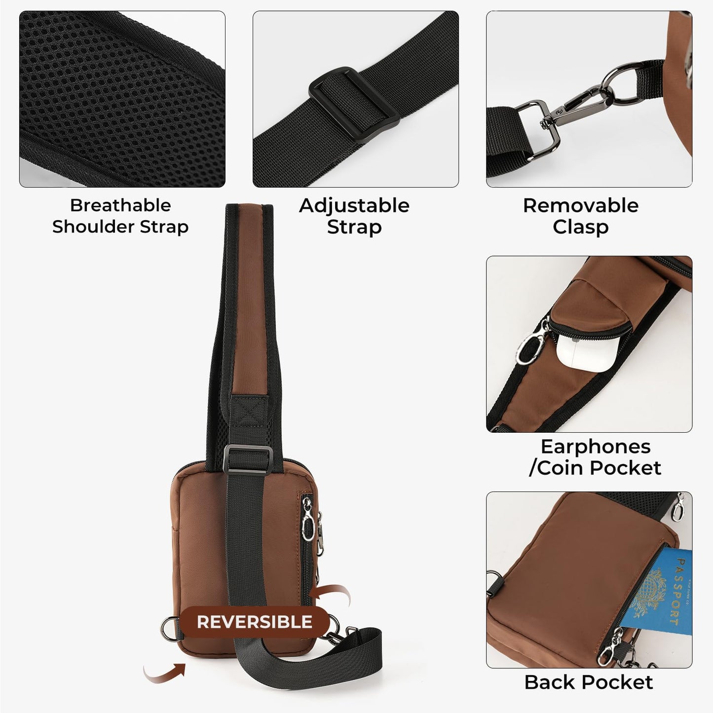 BROADREAM Sling Bag, Crossbody Bag with Anti-Theft Lock Zipper, RFID Blocking & Water Resistant for Travel Work Sport (Brown)