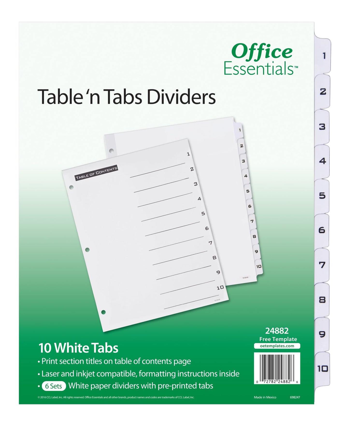 Office Essentials Table 'n Tabs Dividers, 8-1/2 x 11, 1-10 Tab, Black/White Tab, Laser/Inkjet, 6 Pk (24882)