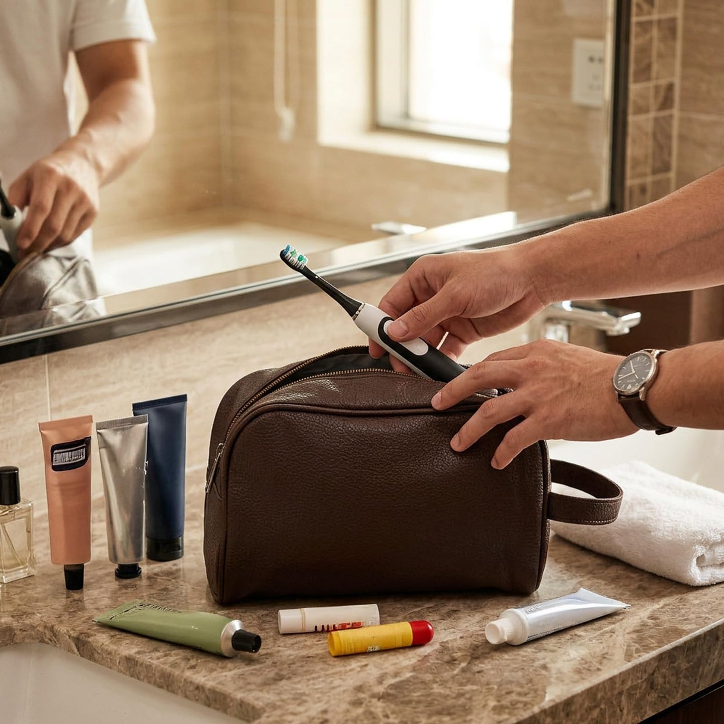 6 PCS Leather Toiletry Bag Bulk, Personalized Toiletry Bag for Men PU Leather Groomsmen Bags Waterproof Travel Toiletries Bags Large Capacity for Organization of Toiletries and Cosmetics-3 Colors