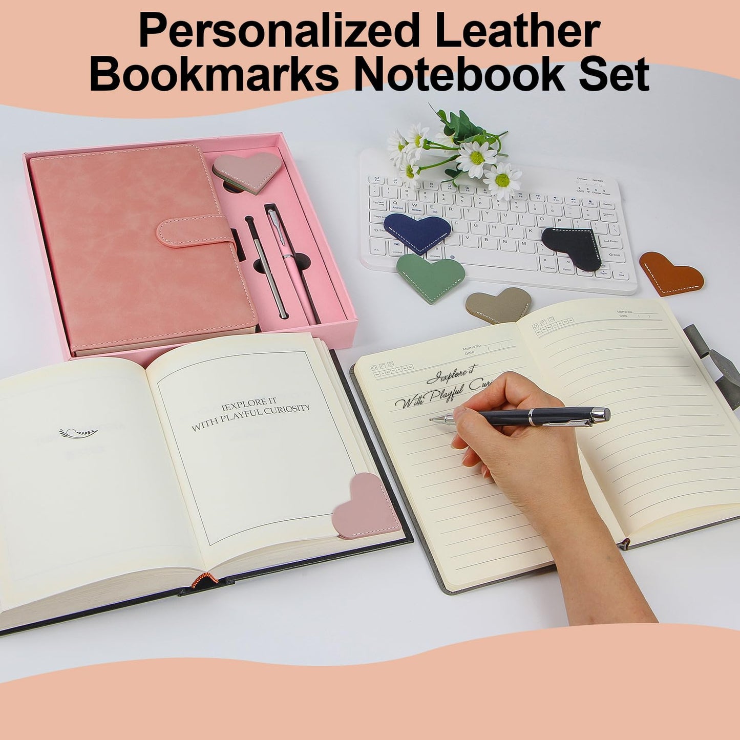 Ciyanwcx Leather Notebook Gift Set - A5 Hardcover Journal with Pen & 6 Heart Bookmarks, Gift Box + Bag (Pink)