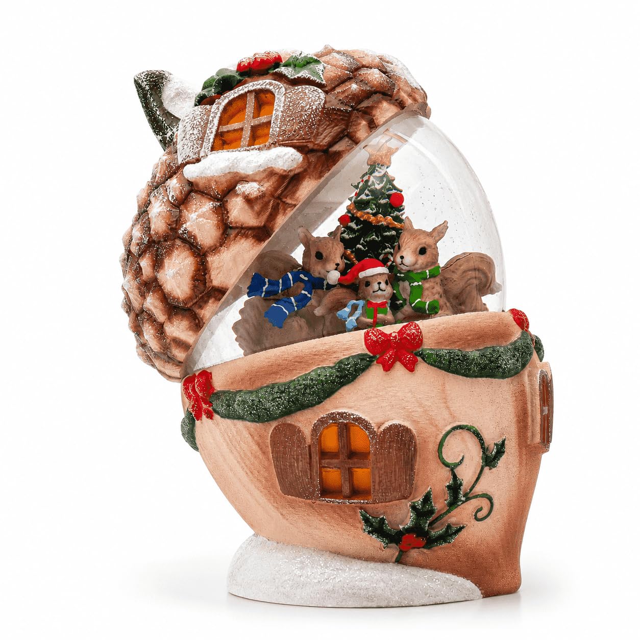Christmas Pinecone Snow Globe Lantern with 6 Hours Timer, 3 AAA Battery Operated Glittering Water Globe, Lighted Squirrel Family Snow Globes for Xmas Mantel Tabletop Shelf Holiday Decorations Gifts