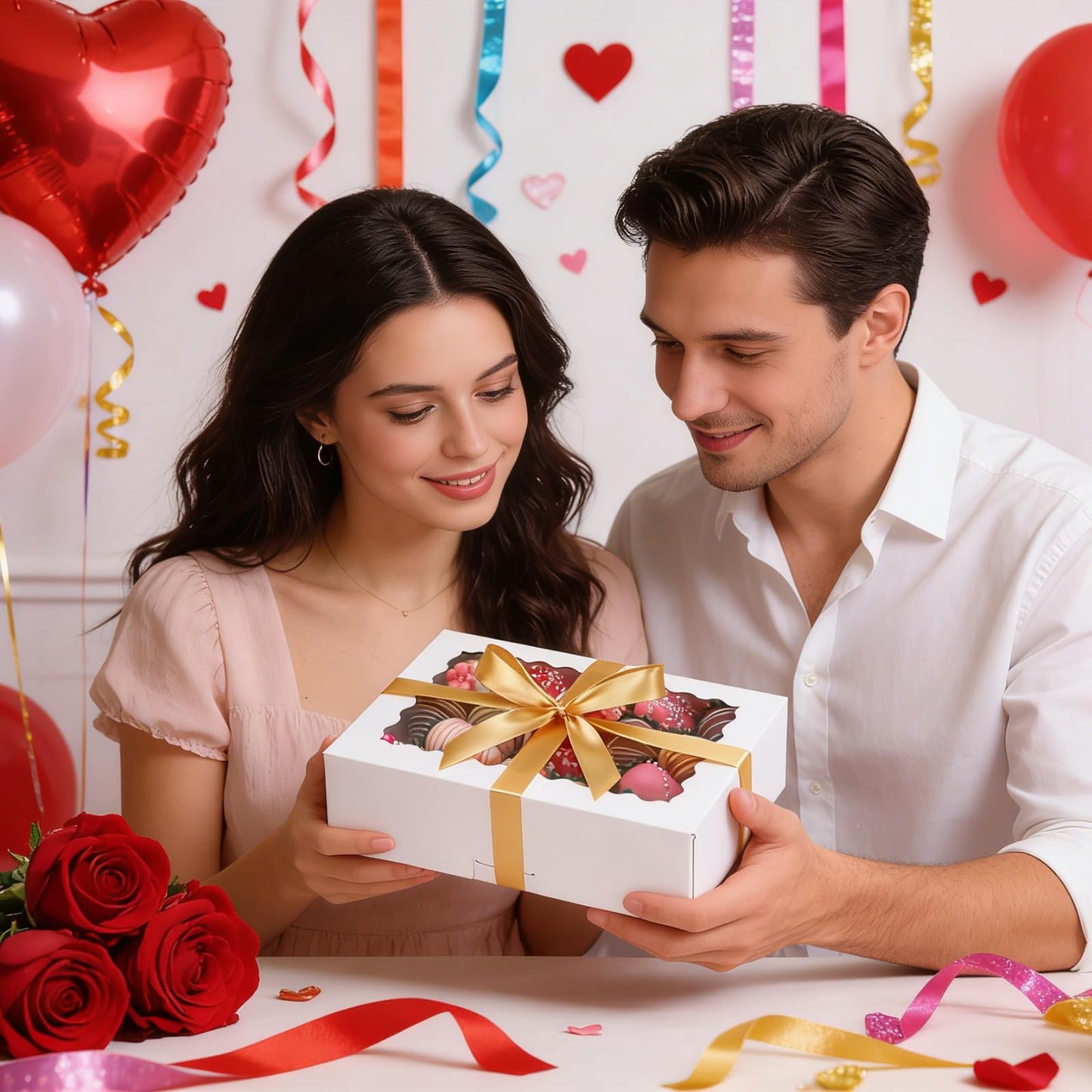 COTOPHER Auto Pop Up Cookie Box with Window 9x6x2.5 Inches – 50 Pack White Bakery Boxes with Gold Ribbon for Birthday Party Favors, Wedding, Christmas Gift Packaging for Cookies, Candy, Macarons