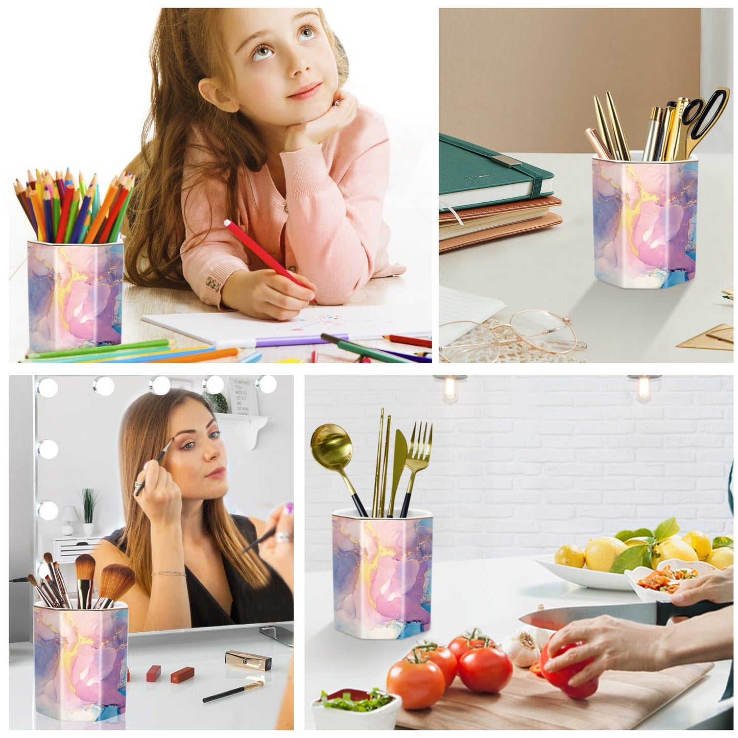 WAVEYU Pen Holder for Desk, Cute Ceramic Pencil Holder, Pen Cup Marker Holder Makeup Brush Holders, Desk Accessories & Workspace Organizers for Office, Home, Gold