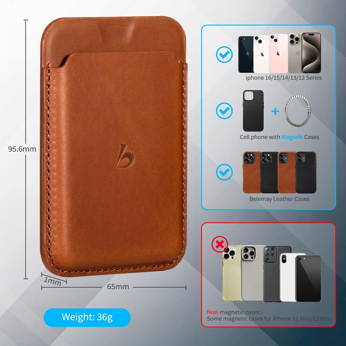 Belemay Strong Magnetic Wallet Compatible with Magsafe, Luxury Minimal Card Holder for 1-2 Cards, Premium Full-grain Smooth Leather Compatible with iPhone 17/16/15/14/13/12 series&MagSafe cases, Brown