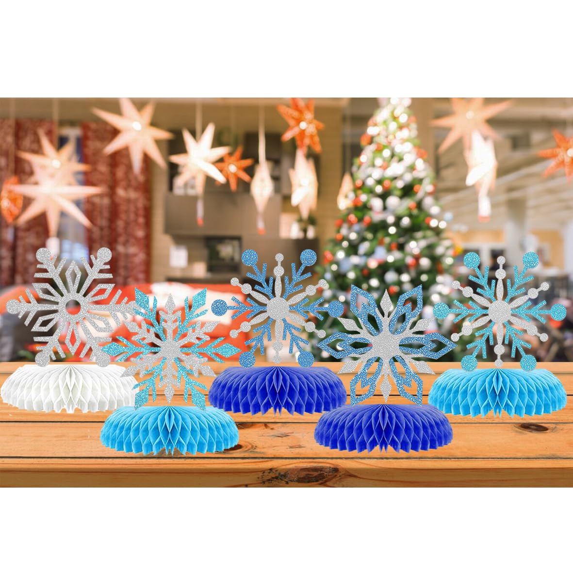 9Pcs Winter Wonderland Decorations 3D Snowflake Honeycomb Table Centerpieces for Frozen Winter Blue White Theme Christmas Baby Shower Birthday Party Supplies (Snowflake)