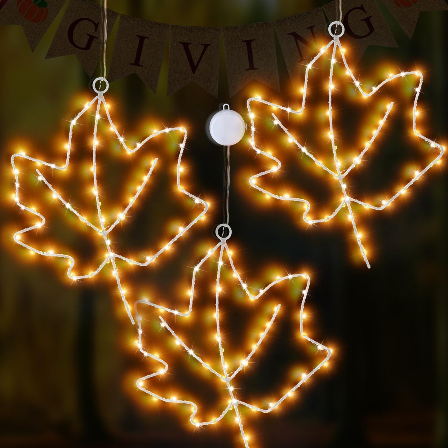 (New) Cerflyer Fall Decoration, Thanksgiving Window Lights with Suction Cup, Metal Frame Maple Leaf Silhouette Lights for Window Wall Home Fall Thanksgiving Décor, Battery Operated - 3 Pack