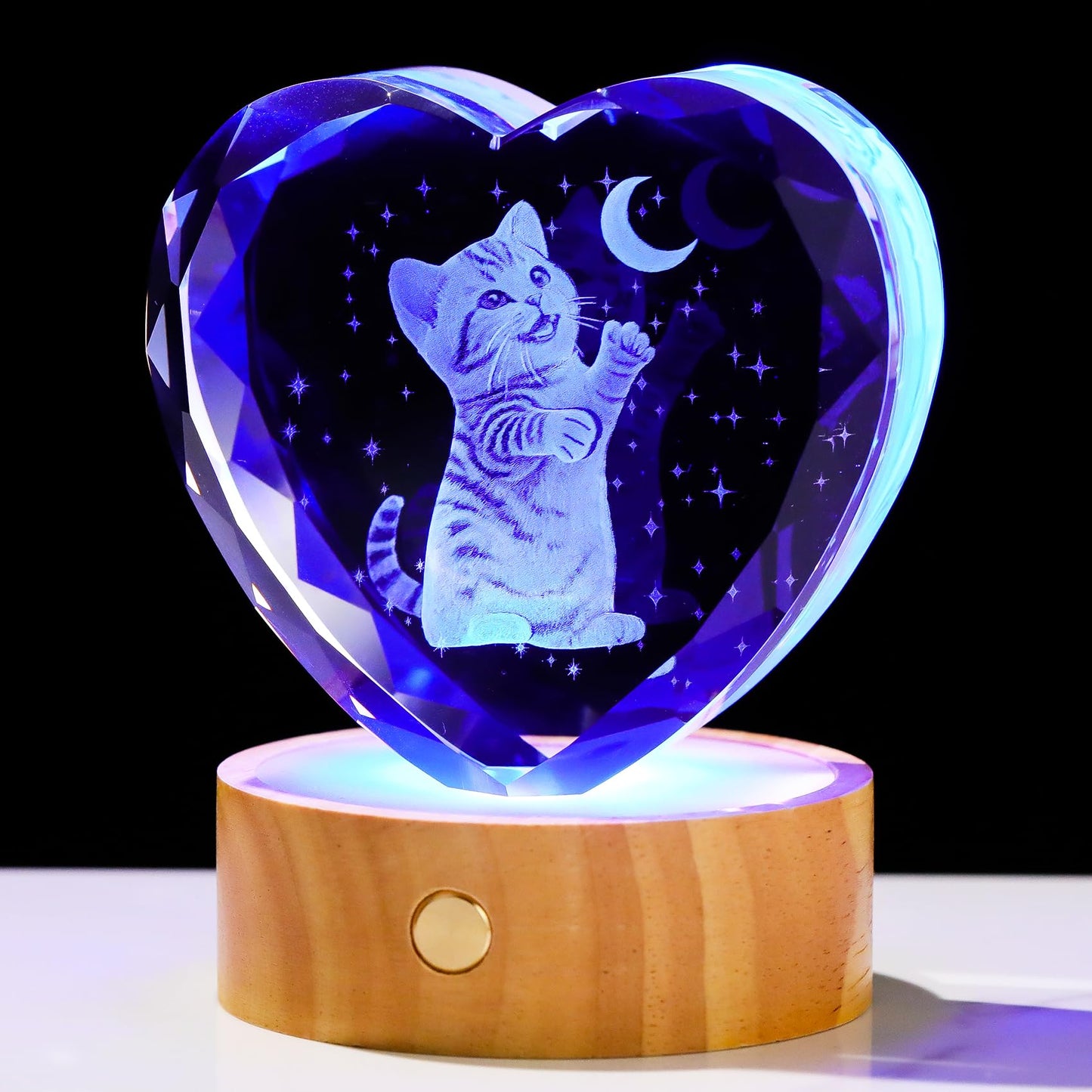 Arikyrist 3D Cat and Moon Crystal Heart Gifts for Women Cat Lovers - Glass Kitty Statue with Wooden Light Base, Cute Kitten Lamp Collectible Night Light Home Decor