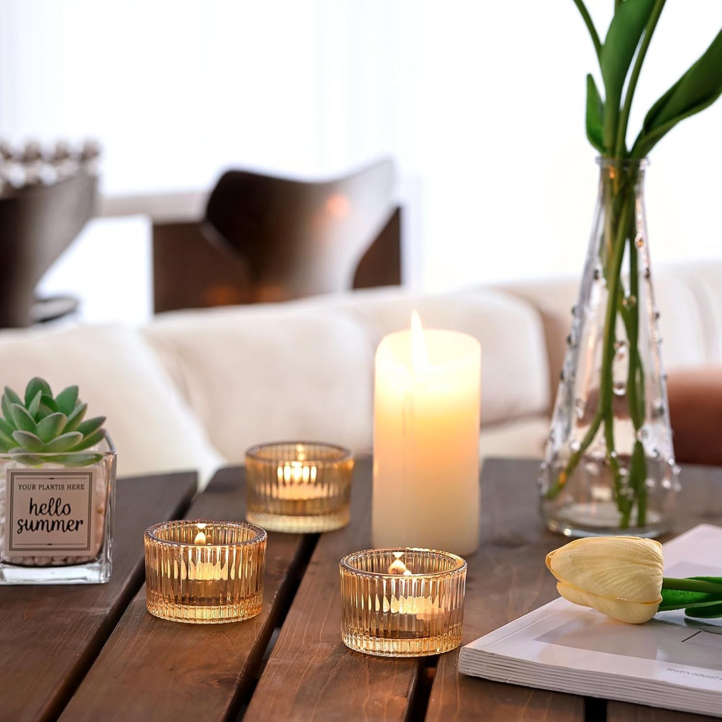 HAVITI 18 Pcs Gold Tealight Candle Holders with 18PCS Tealights, Glass Votive Candle Holders Set for Table Centerpiece, Home Decor and Party Supplies