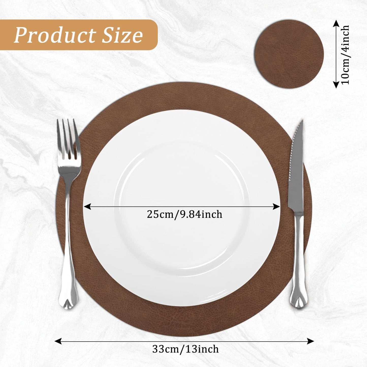 comfoyar Faux Leather Round Placemats with Coasters Set of 6, 13x13 Inch Non-Slip Heat Resistant Dual-Sided Brown Place Mats, Waterproof Table Mats for Kitchen Dining Party Table Decoration