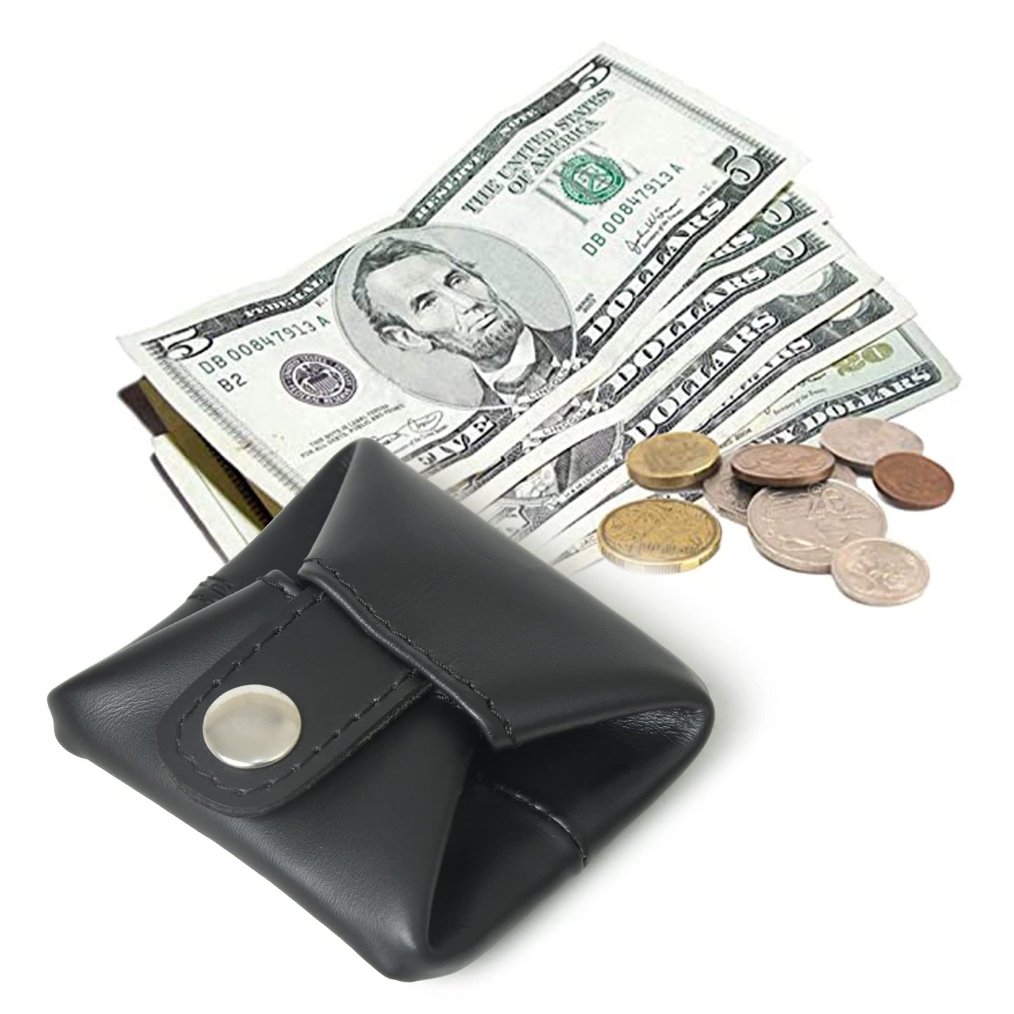 Top Grain Leather Coin Pouch, Change Holder, Mini Pocket Wallet, Handcrafted Coin Purse for Men & Women (Black, Pack of 1)