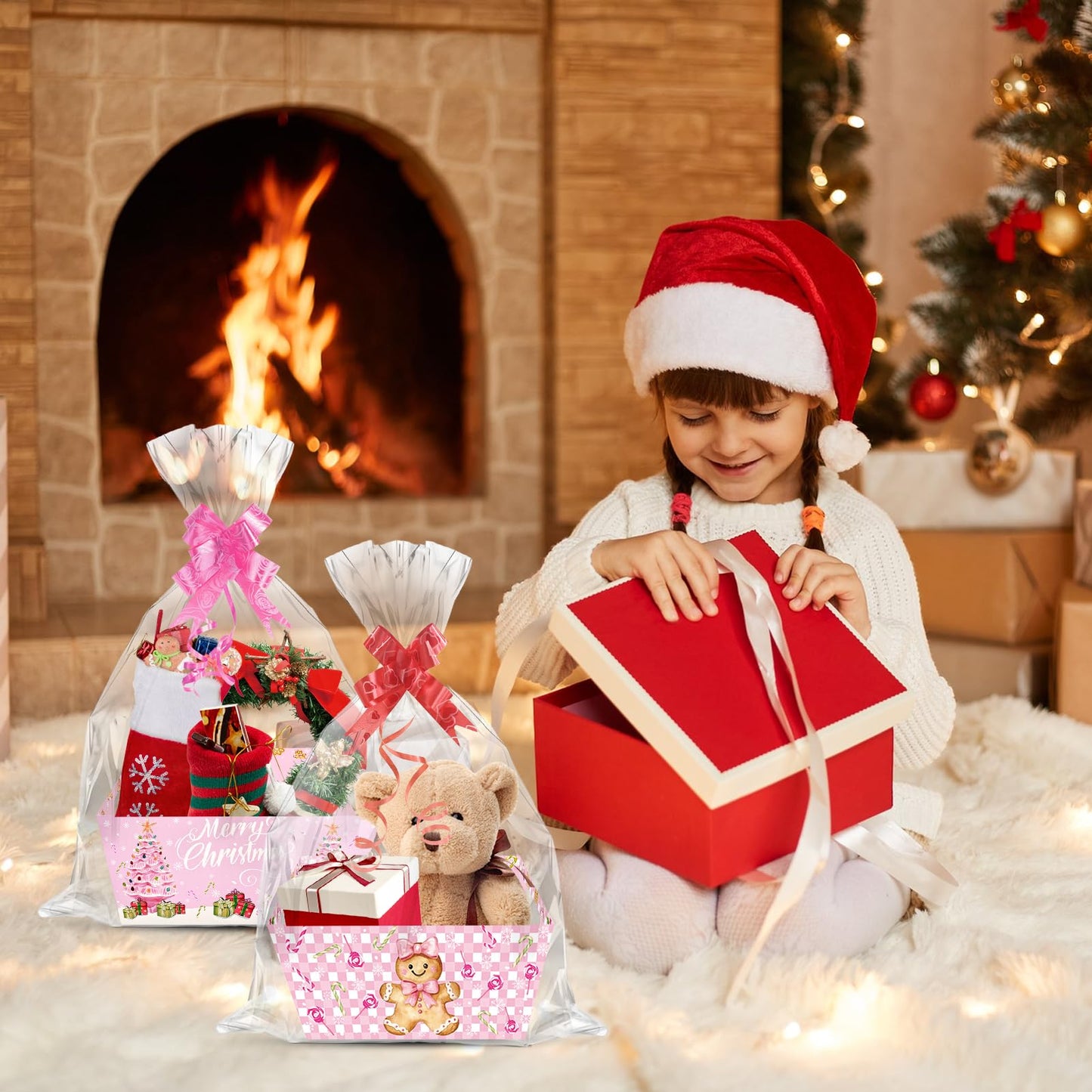 CIEOVO 24 Set Christmas Party Baskets with Cellophane Bows Market Tray Pink Christmas Baskets for Gifts Empty Gingerbread Man Cardboard Bags for Xmas Holiday Party Decor